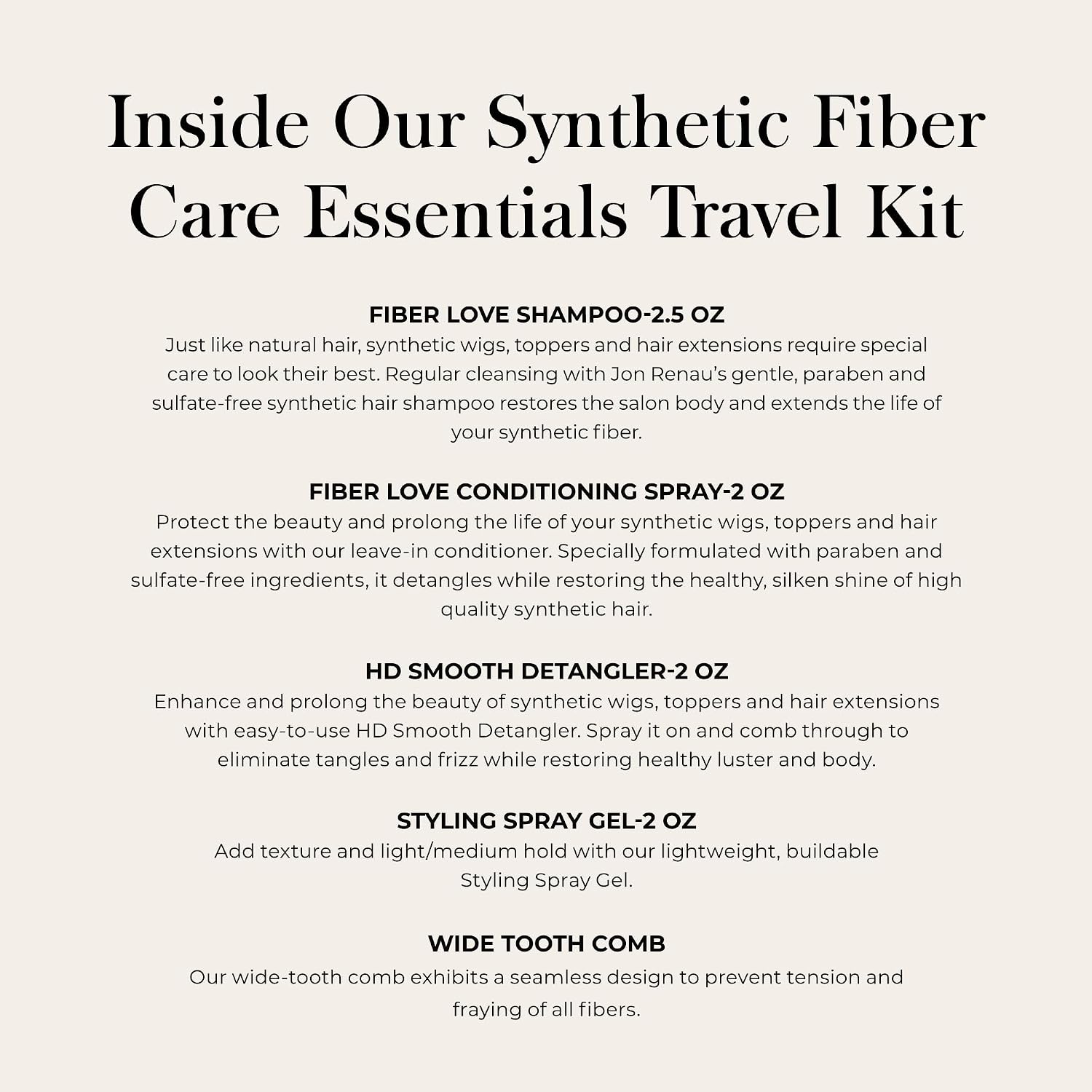 Jon Renau Synthetic Wig Care Travel Kit, 5-Piece Set - Wig Shampoo and Conditioner, Detangler Spray, Styling Gel, Wide Tooth Comb