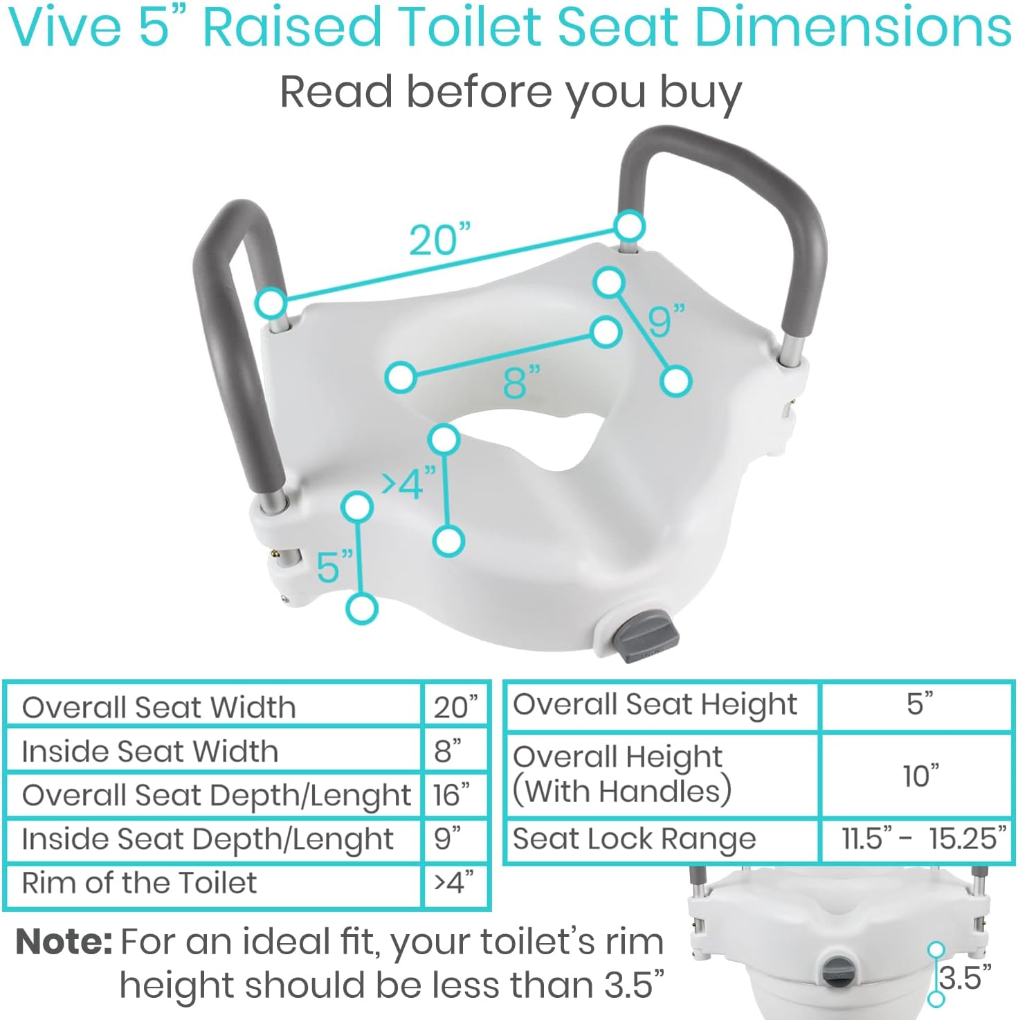 Vive Raised Toilet Seat - 5" Portable, Elevated Toilet Seat Riser | Extender - Elongated and Standard Fit Commode Lifter - Bathroom Safety Extender Assists Disabled, Elderly, Seniors