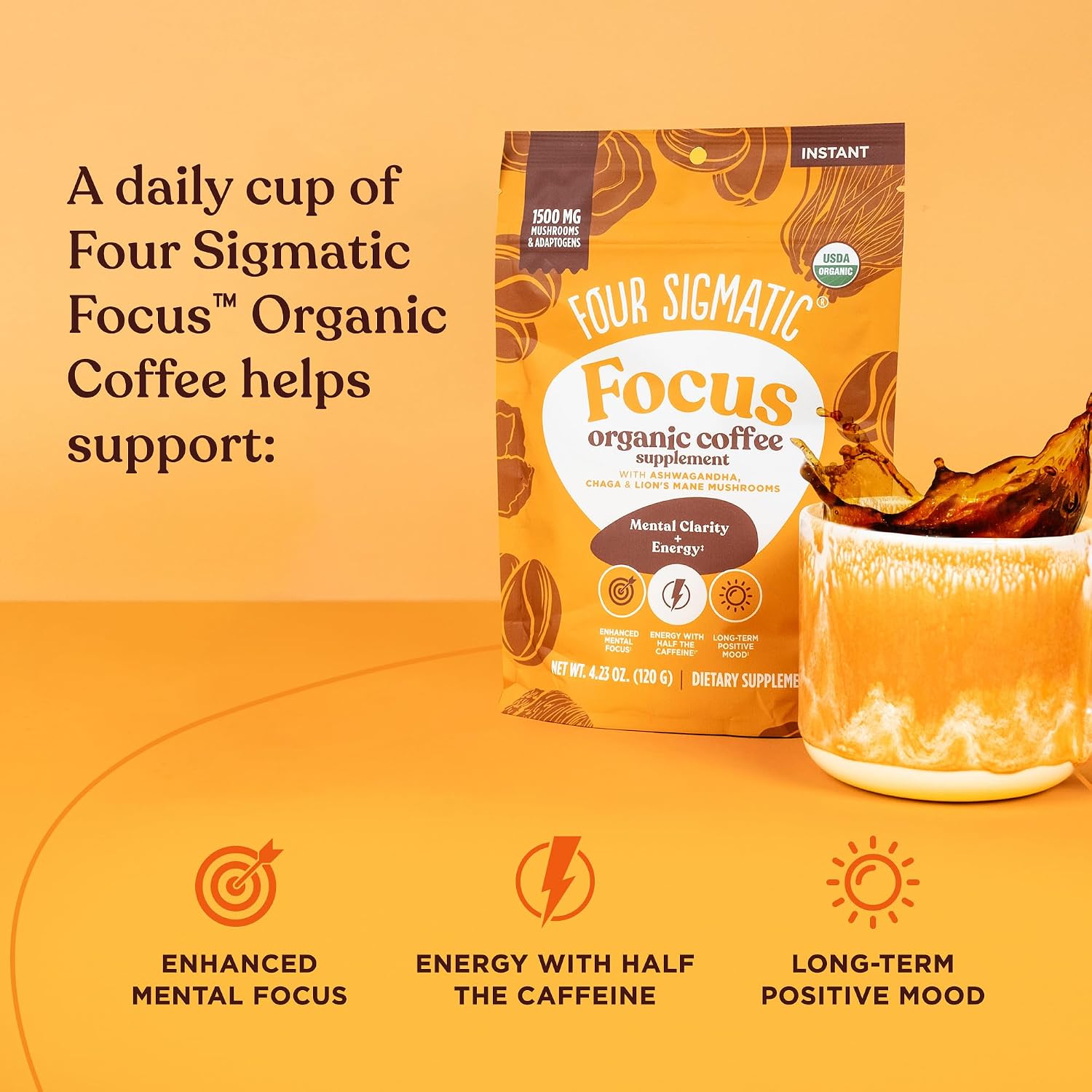 Four Sigmatic Organic Instant Coffee Powder | Mushroom Coffee Instant Mix with Cordyceps, Chaga and Eleuthero for Better Focus and Immune Support | 10 Packets