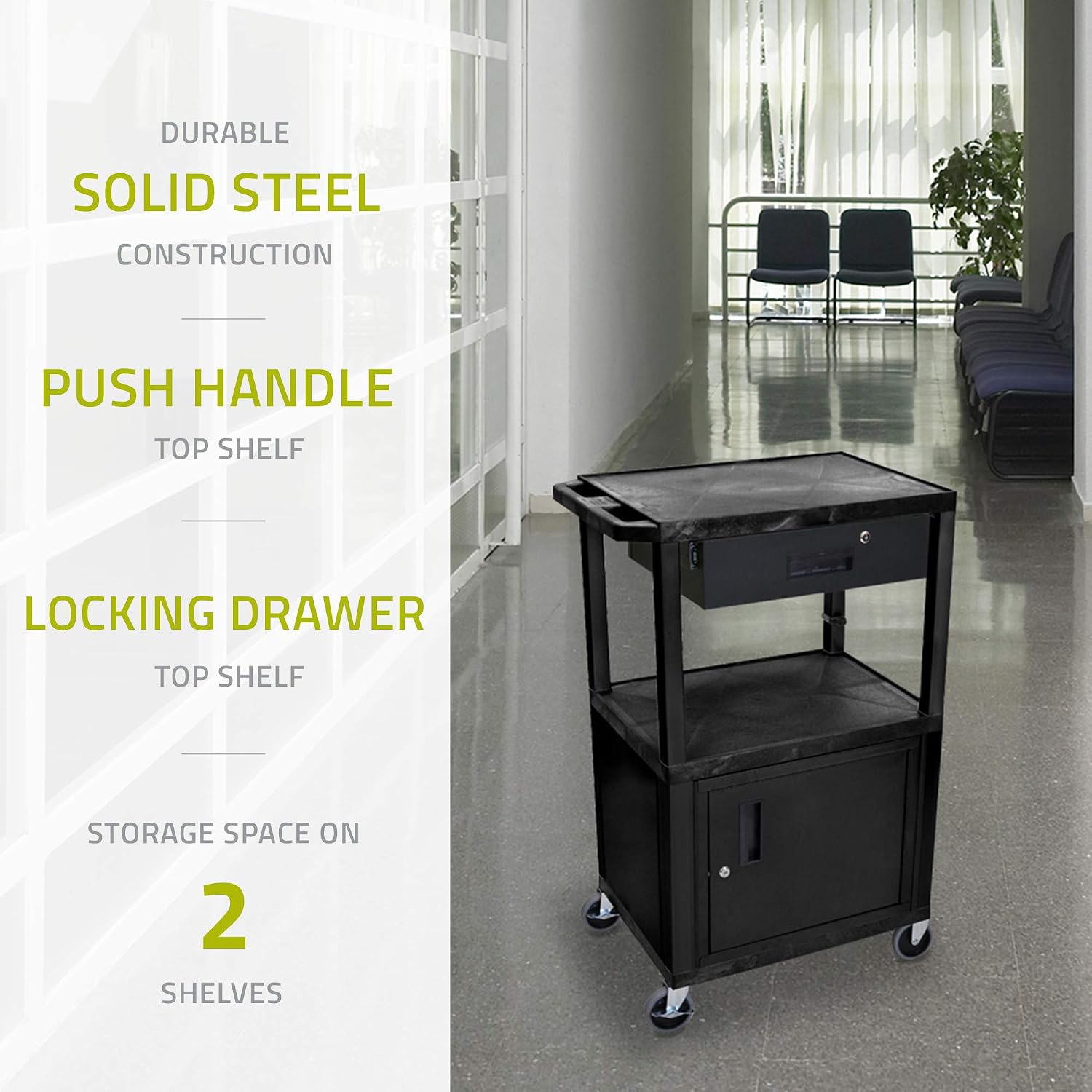 Luxor WT42C2E-B/WTD 42" H AV Cart - 3 Shelves Cab Drawer - Black, 4" Ball Bearing Casters with Two Locking Brake