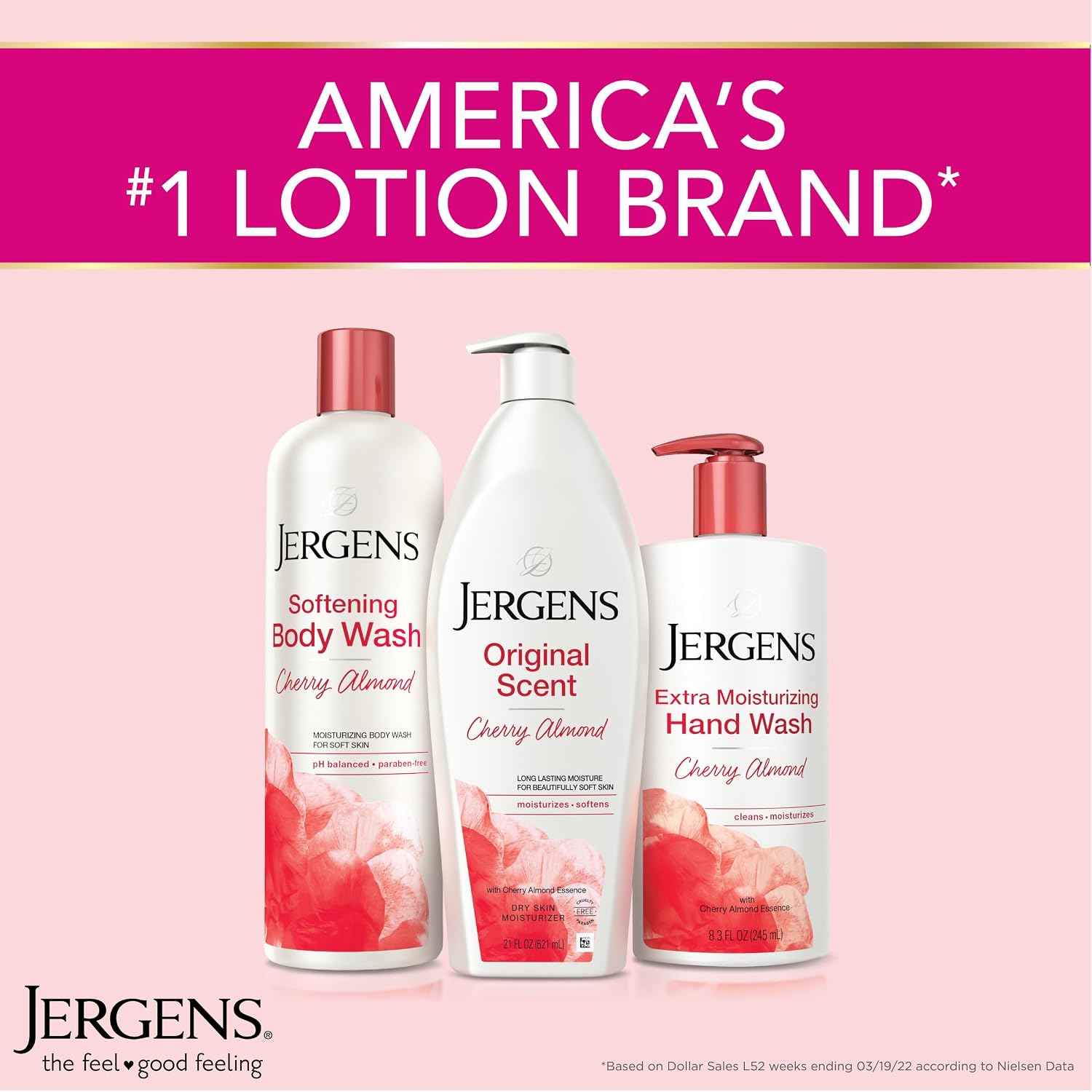 Jergens Cherry Almond Hand & Body Lotion, Dry Skin, 32 fl oz | Fast-Absorbing Moisturizer, Vitamins E, C & B5, Softens Dry Skin, Dermatologist Tested, Cherry Almond Scent