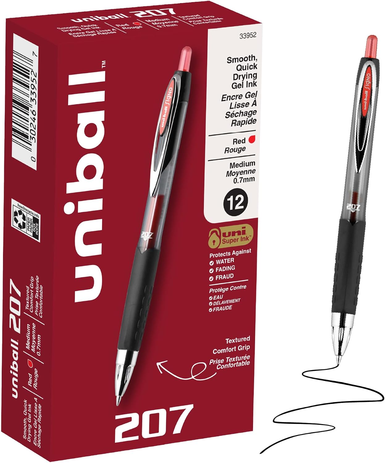 uniball™ 207 Gel Pens, Black Ink, 0.7mm Medium Point, Retractable, 12 Count | Smooth Writing, Fraud-Resistant, uni Super Ink™