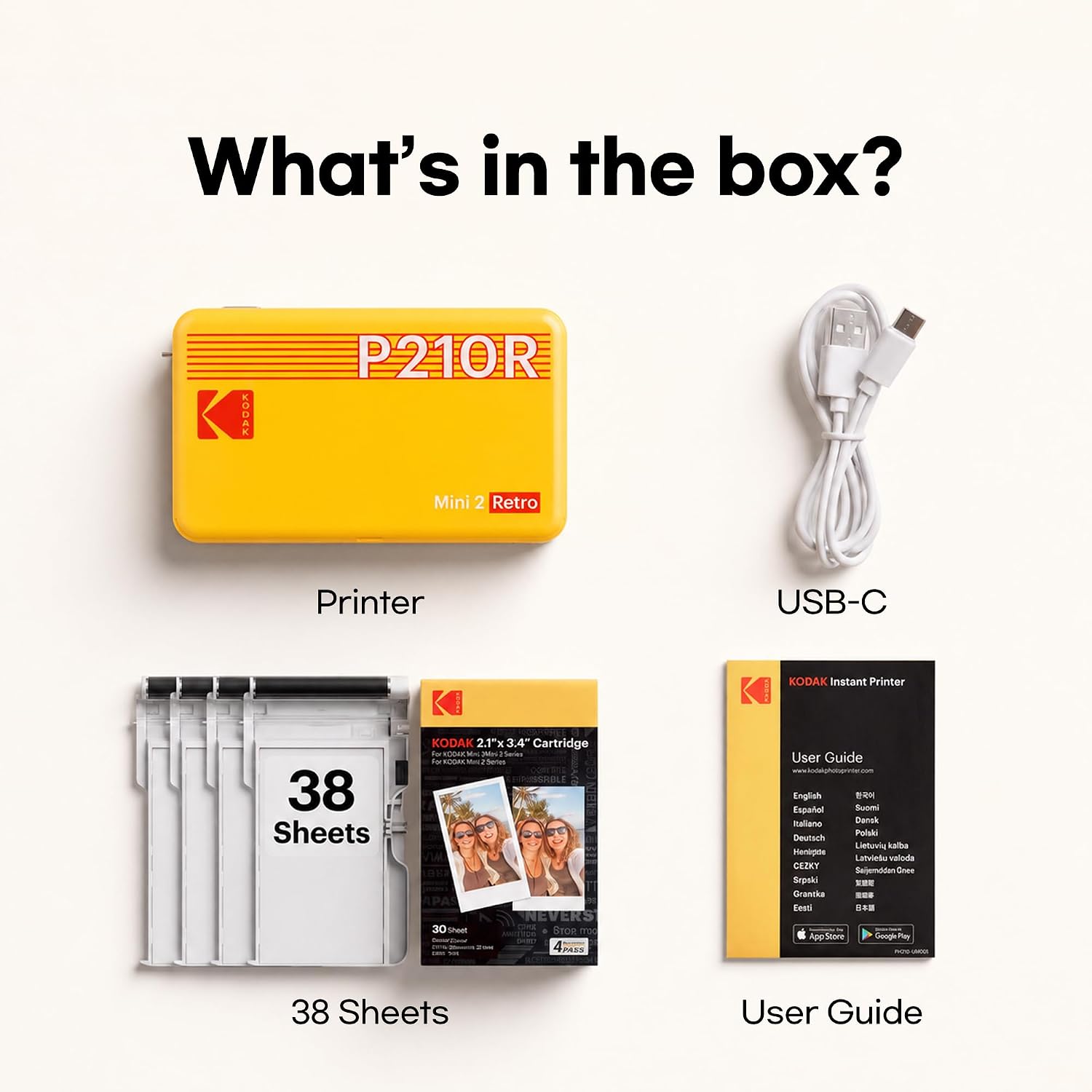 KODAK Mini 2 Retro 2x3 Portable Photo Printer, 4PASS, 38 Sheets, White