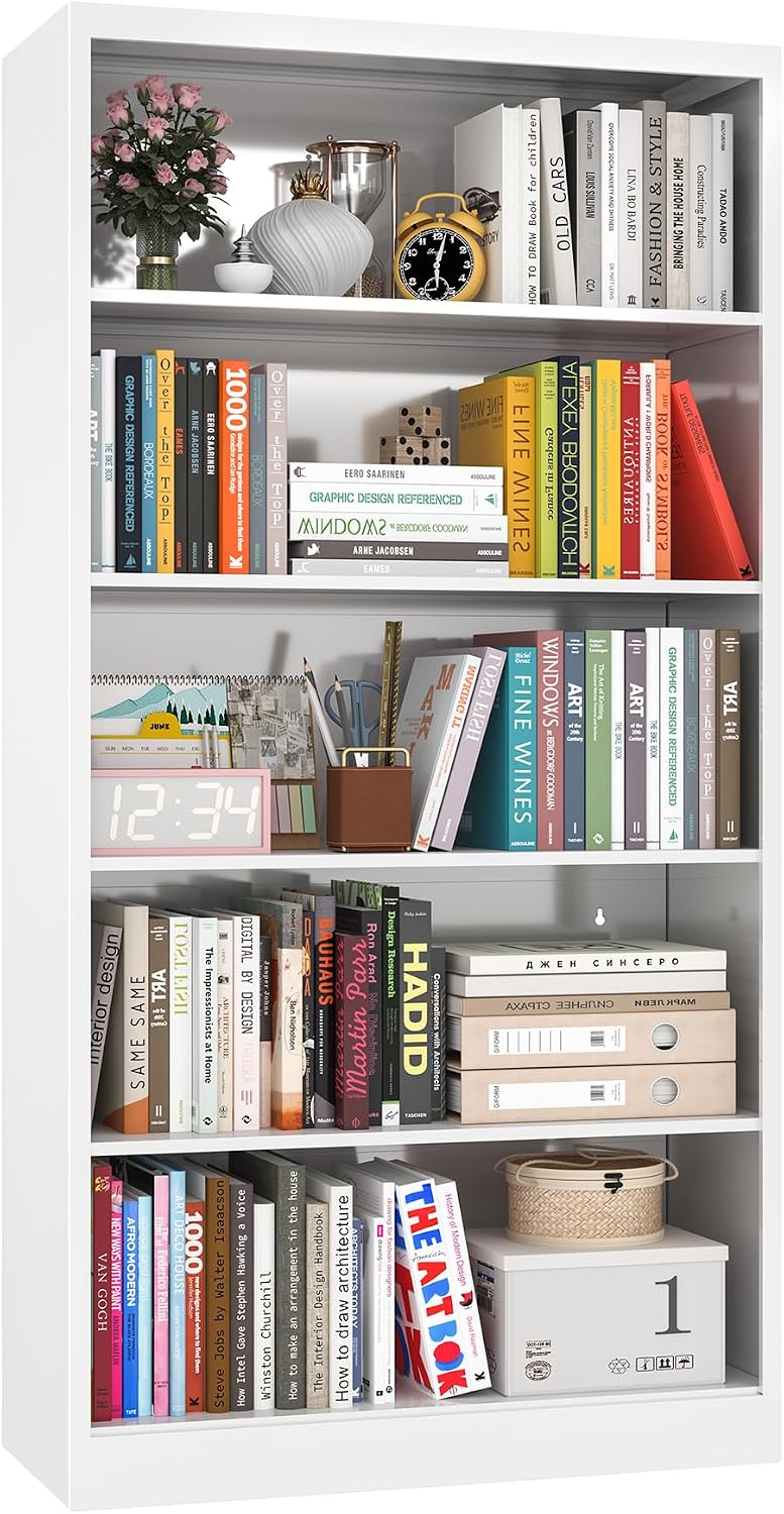 Bookcase,5 Tier White Bookshelves,66" Tall Free Standing Metal Bookcase with Adjustable Storage Shelves, Industrial Wide Bookshelf for Bedroom Living Room Home Office School