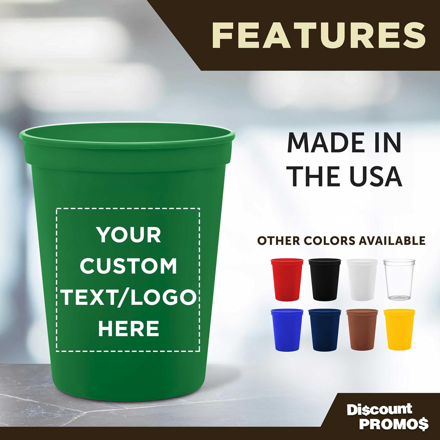 DISCOUNT PROMOS Custom Plastic Stadium Cups 16 oz. Set of 10/50/100, Personalized Bulk Pack - Perfect for Birthdays, Weddings, Picnic, Beach