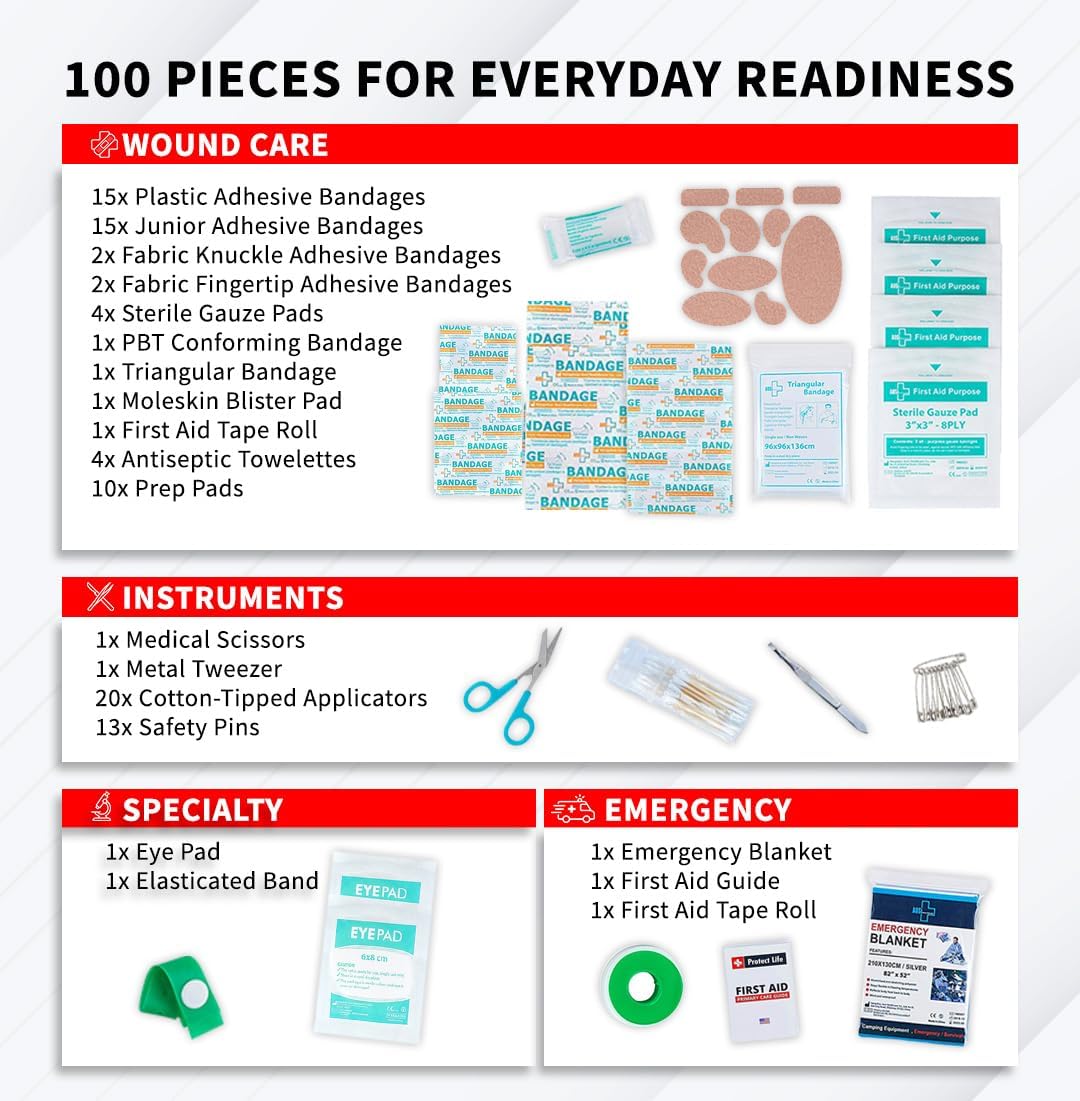 Protect Life Travel First Aid Kit for Car - Small Mini Emergency Kit, 100 Piece Waterproof First Aid Kit for Home, Camping, Boat & Hiking - Includes Emergency Blanket & First Aid Guide