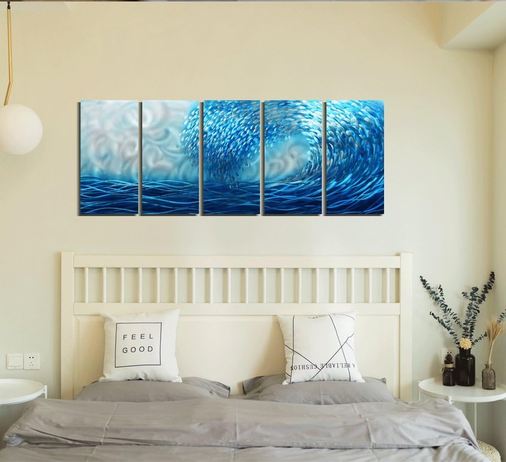 Yihui Arts Handcrafted 3D Metal Wall Art - Ocean Wave Sculpture, 5 - Panel Aluminum Decor for Living Room, Bedroom & Office