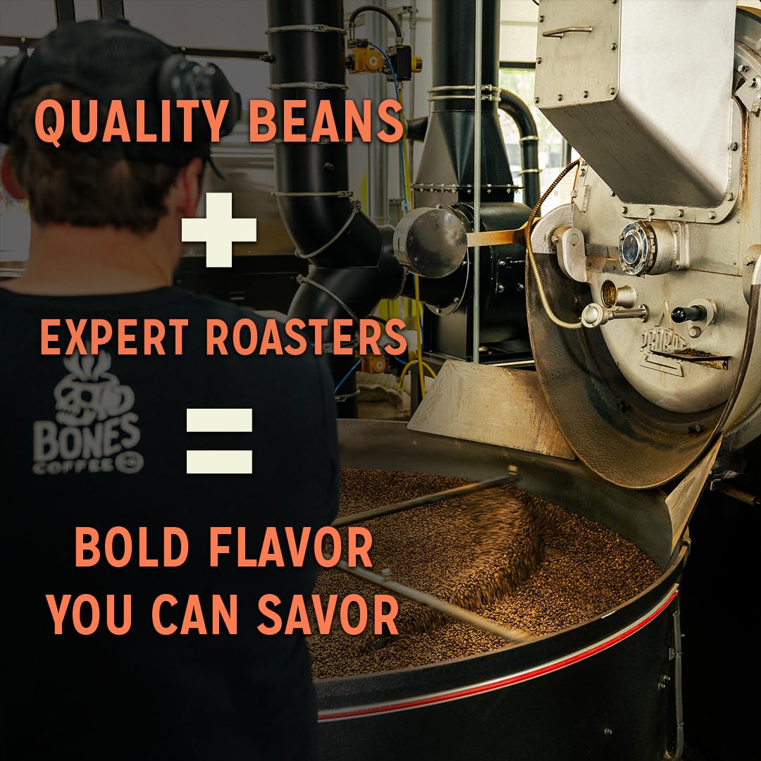 Bones Coffee Company Highland Grog, Butterscotch Caramel Flavored Coffee, Medium Roast Low Acid Arabica Beans Compatible with Auto drip and French Press Coffee Maker, 12 Oz Whole Bean