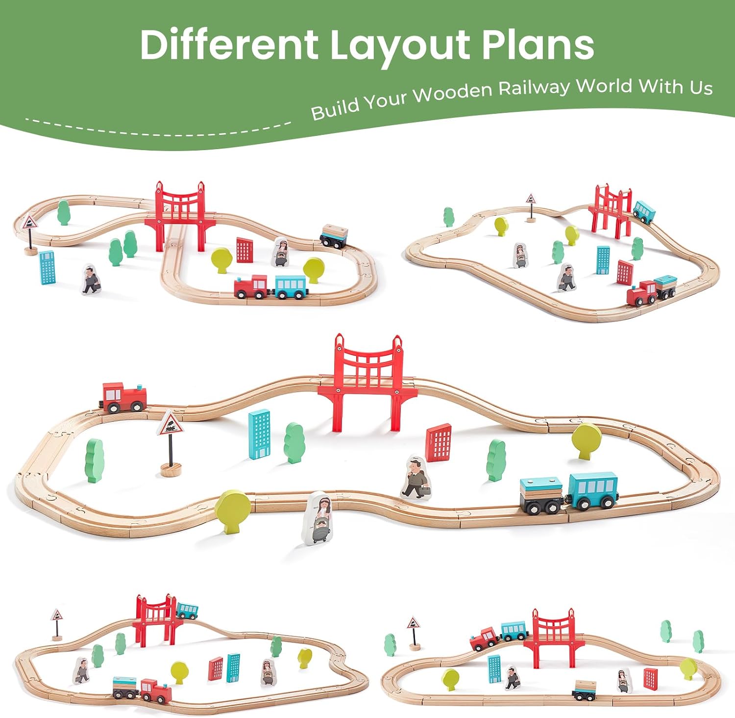 Tiny Land 39 Pcs Wooden Train Set for Toddler with Wooden Tracks | Compatible with Major Brands, Expandable