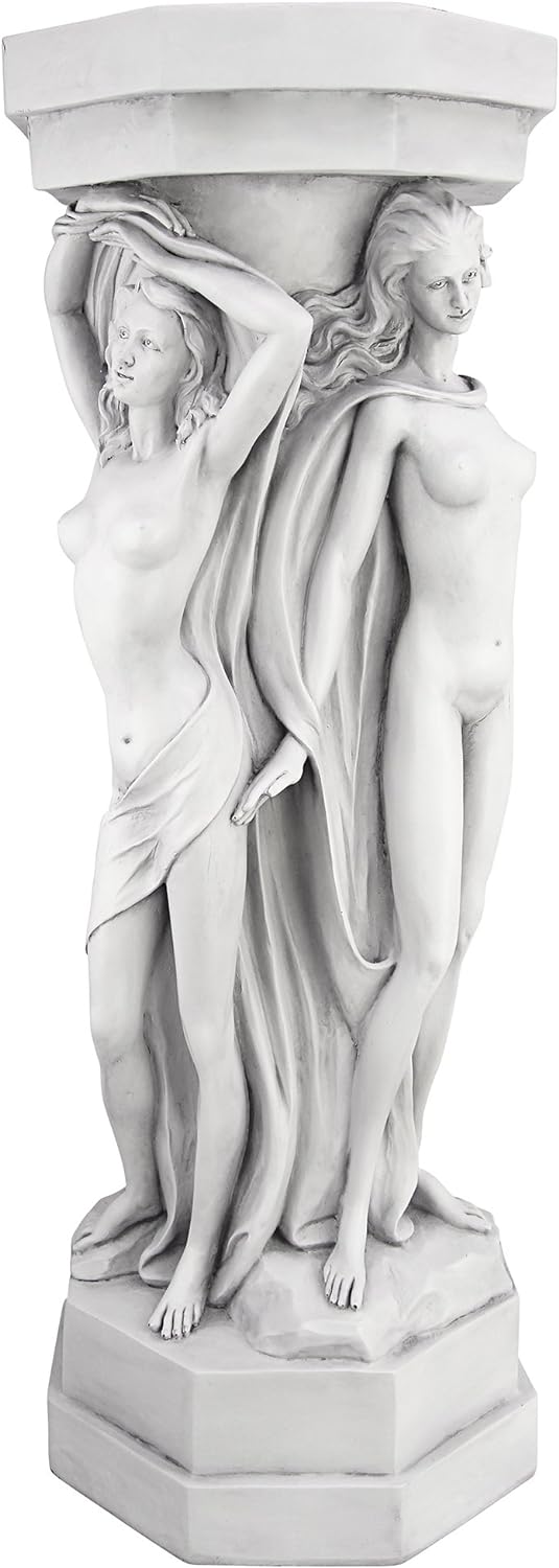 Design Toscano Column of Maenads Women Indoor/Outdoor Sculptural Display Pedestal Plant Stand, 28 inches tall, Cast Stone Resin, Antique Stone Finish