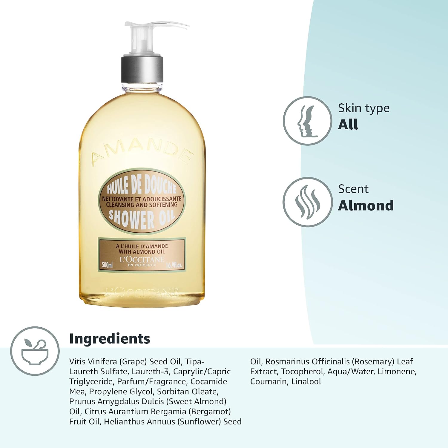 L'OCCITANE Almond Shower Oil, Cleansing Body Wash & Shaving Base, Vegan | Purifies & smooths, non-drying, milky lather, gentle, nourishes, versatile, daily use, self-care essential, luxury skincare