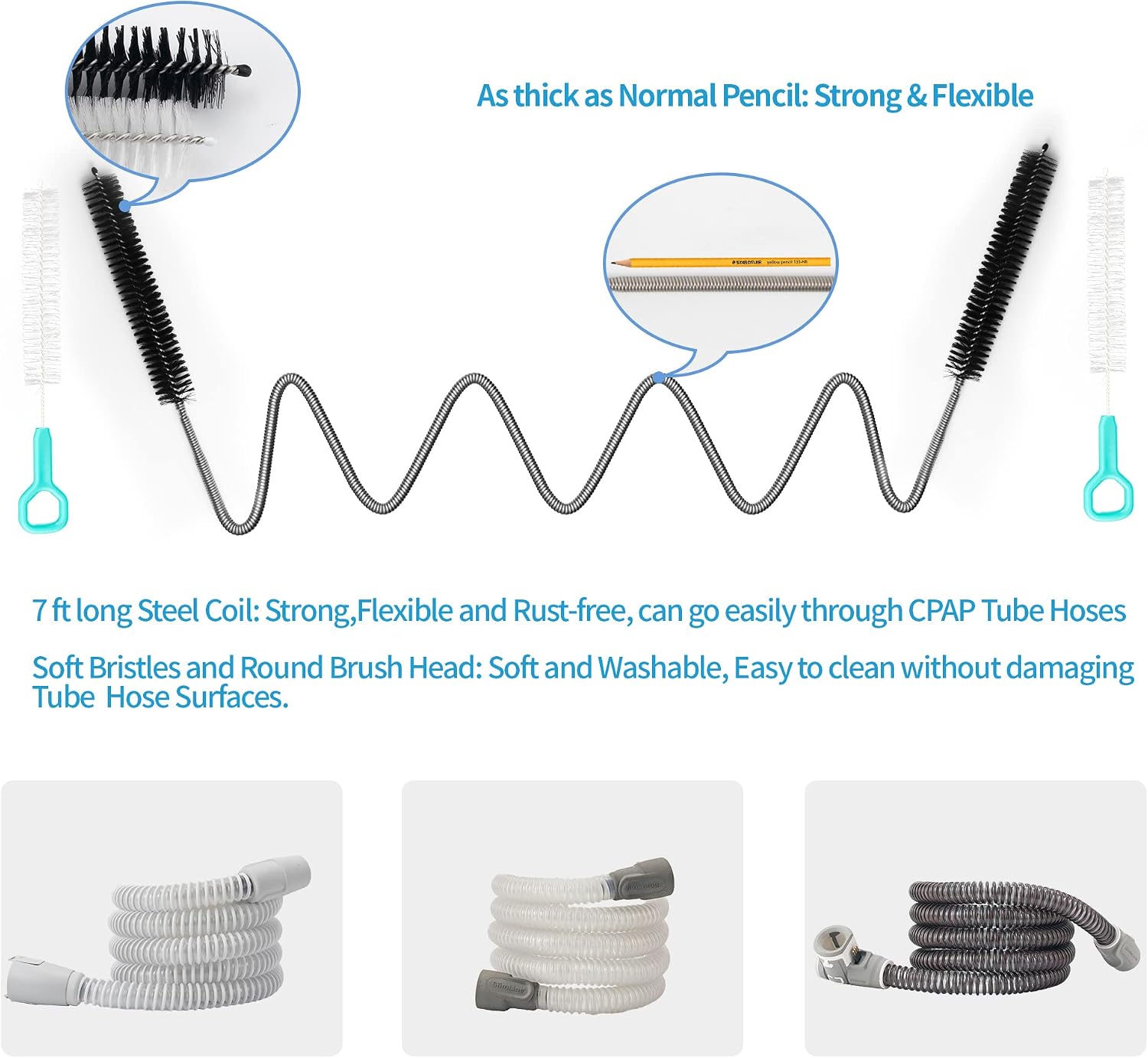 Jakia CPAP Tube Hose Cleaning Brush Kit 7 ft Strong Flexible Spring Body with Double Brush Heads Each 8.7" and 6.7“ Diameters Plus Two 7" Handy