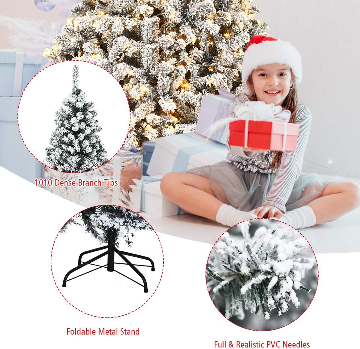 Goplus 7.5ft Pre-Lit Artificial Christmas Tree, Premium PVC Snow Flocked Hinged Pine Tree with Metal Stand and LED Lights