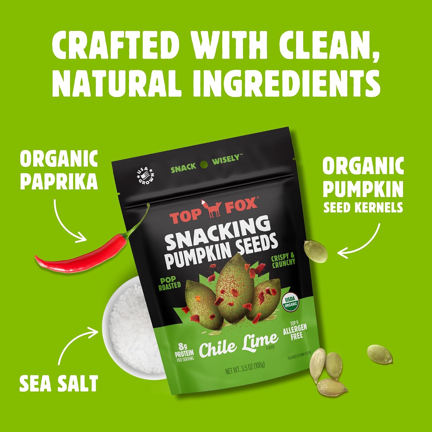 Top Fox Snacks - Organic Pop-Roasted Pumpkin Seeds | Healthy Protein Snacks - Gluten Free - Keto and Vegan Friendly (Himalayan Salt, 3.5 oz - 2 Pack)