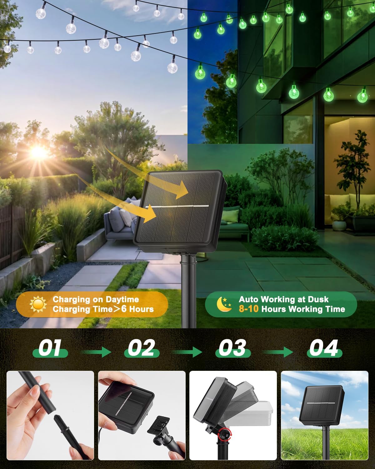 Brightown Solar String Lights Outdoor 60 Led 35.6 Feet Crystal Globe Lights with 8 Lighting Modes