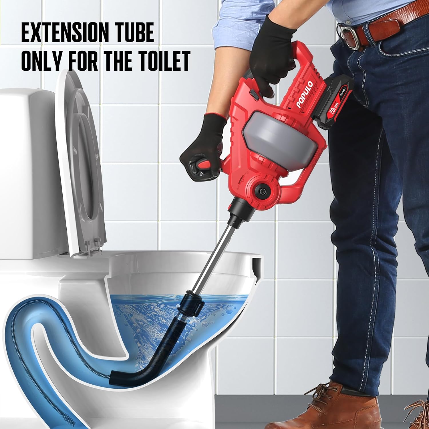 POPULO 20V Cordless Electric Drain Snake, 25Ft Replaceable Cable with 2.0Ah Battery, Extension Tube & Charger