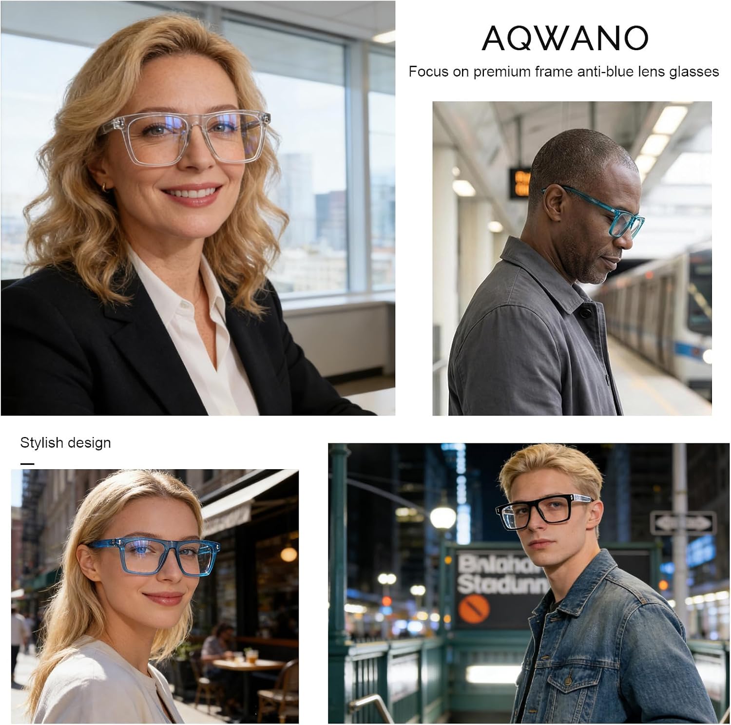 AQWANO Oversized Computer Reading Glasses Blue Light Blocking, 4 Pairs Stylish Fashion Design Anti UV Ray/Eye Strain/Glare Readers Men Women, 1.5