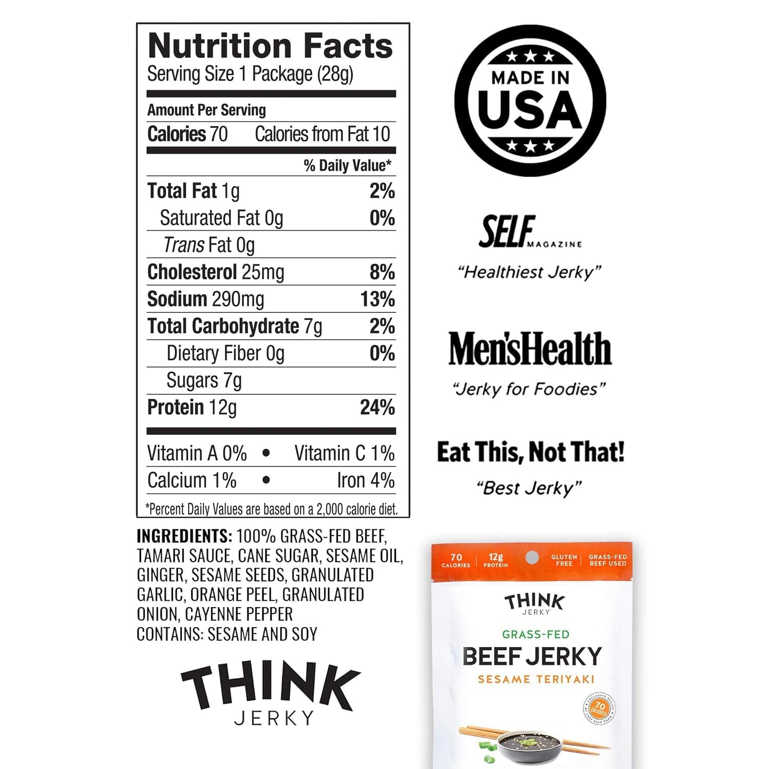 Think Jerky Sesame Teriyaki Beef Jerky, Grass-Fed High Protein Beef Jerky, Gluten Free, No Antibiotics or Nitrates, Healthy Chef Crafted Recipe, Low Calorie and Low Fat - 2.2 oz Bags, 4 Pack