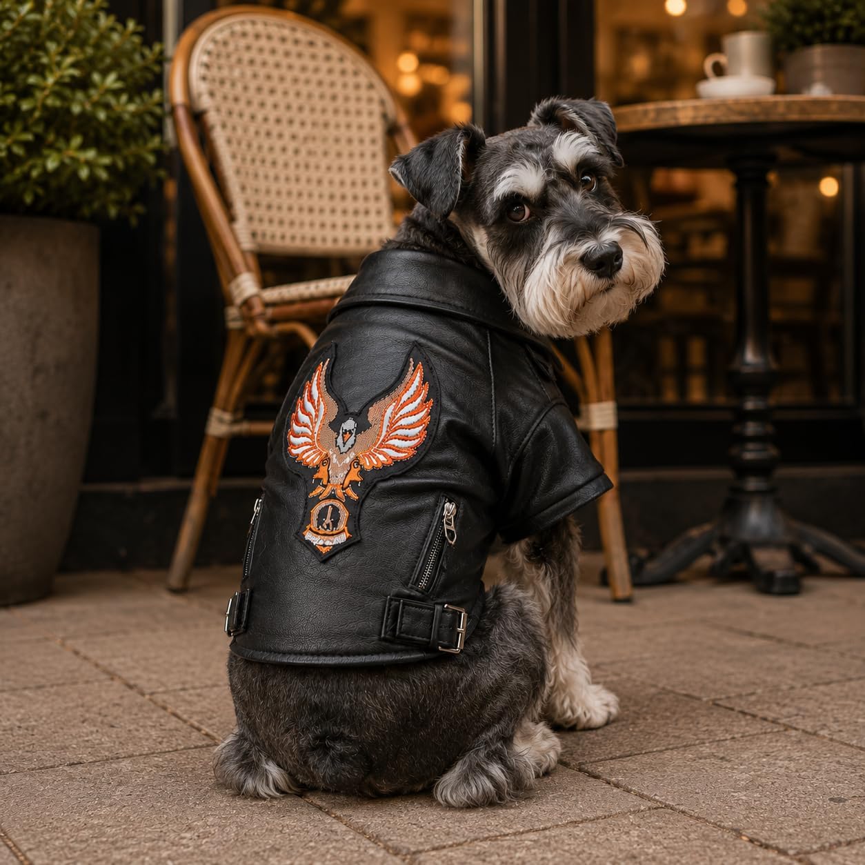 Lovelonglong Cool Dog Leather Jacket, Warm Coats Dogs Windproof Cold Weather Coats for Large Medium Small Dogs with Eagle Embroidery Black XS