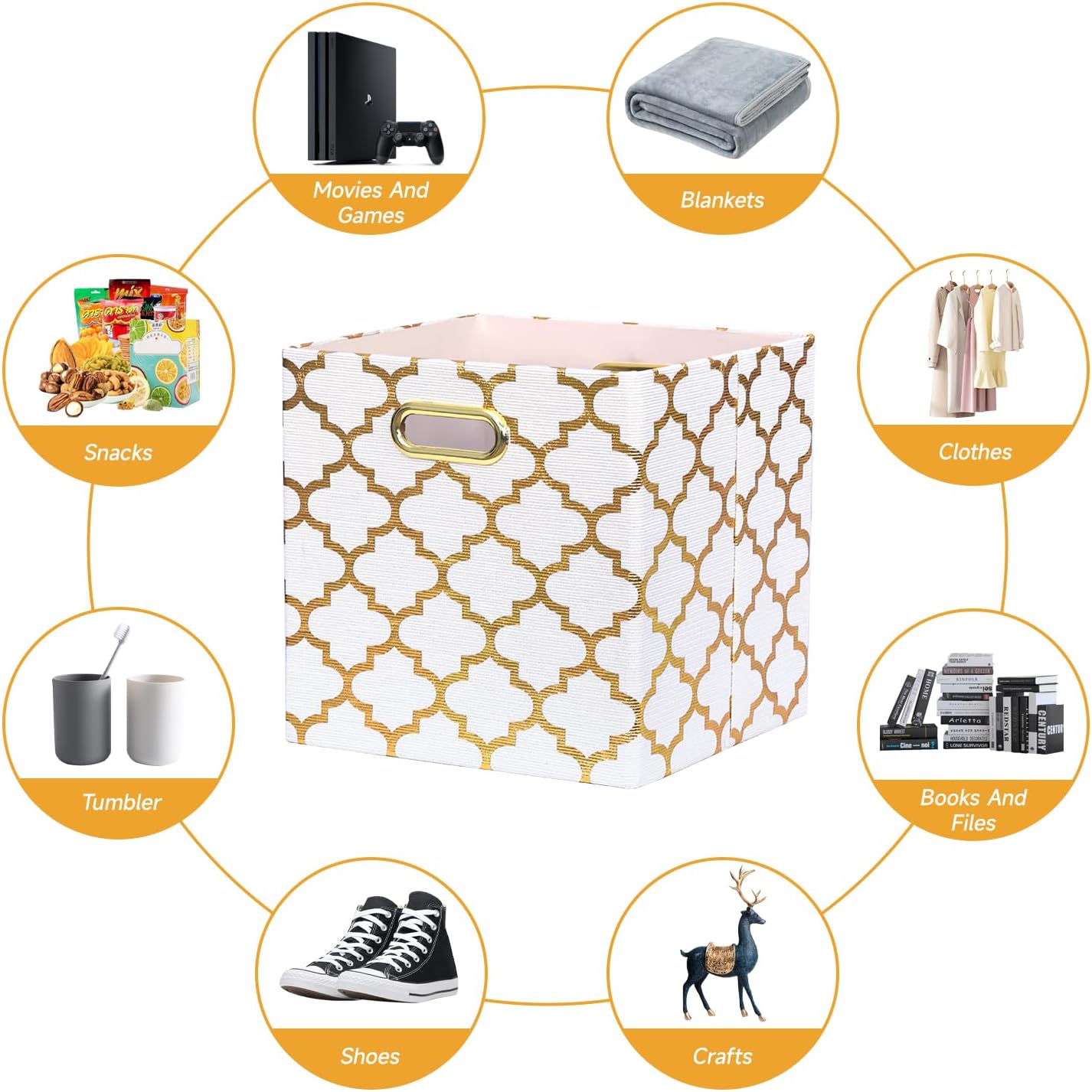 Posprica Storage Bins, Storage Cubes,13×13 Fabric Drawers Organizer Basket Boxes Containers (13×13×13/4pcs, Cream/gold geometry Pattern)