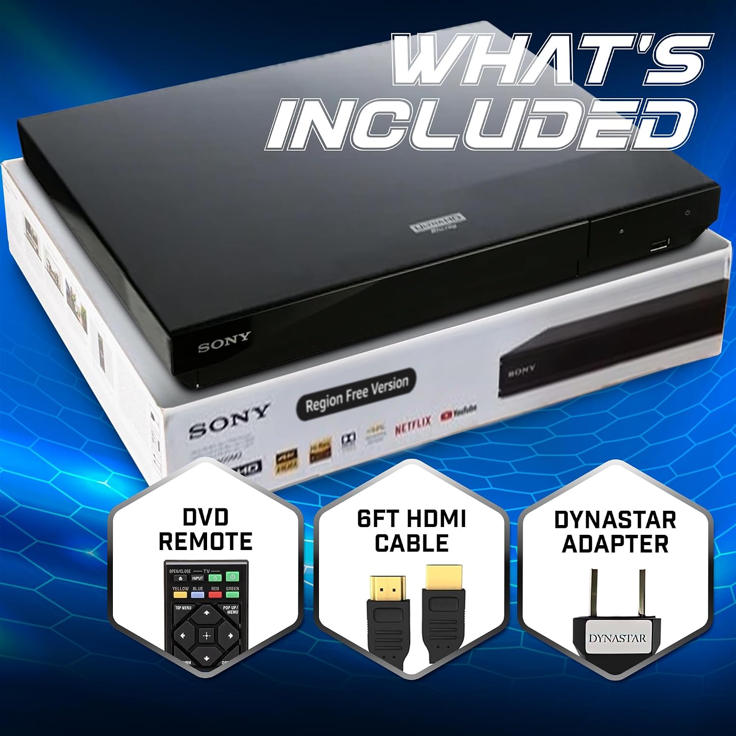 Region Free Blu-ray Player Compatible with Sony BDP-S1700 Multi Region Code Free | Blu-ray Regions A, B, C | DVD Regions 0-8 with Dynastar 6FT HDMI Bundle