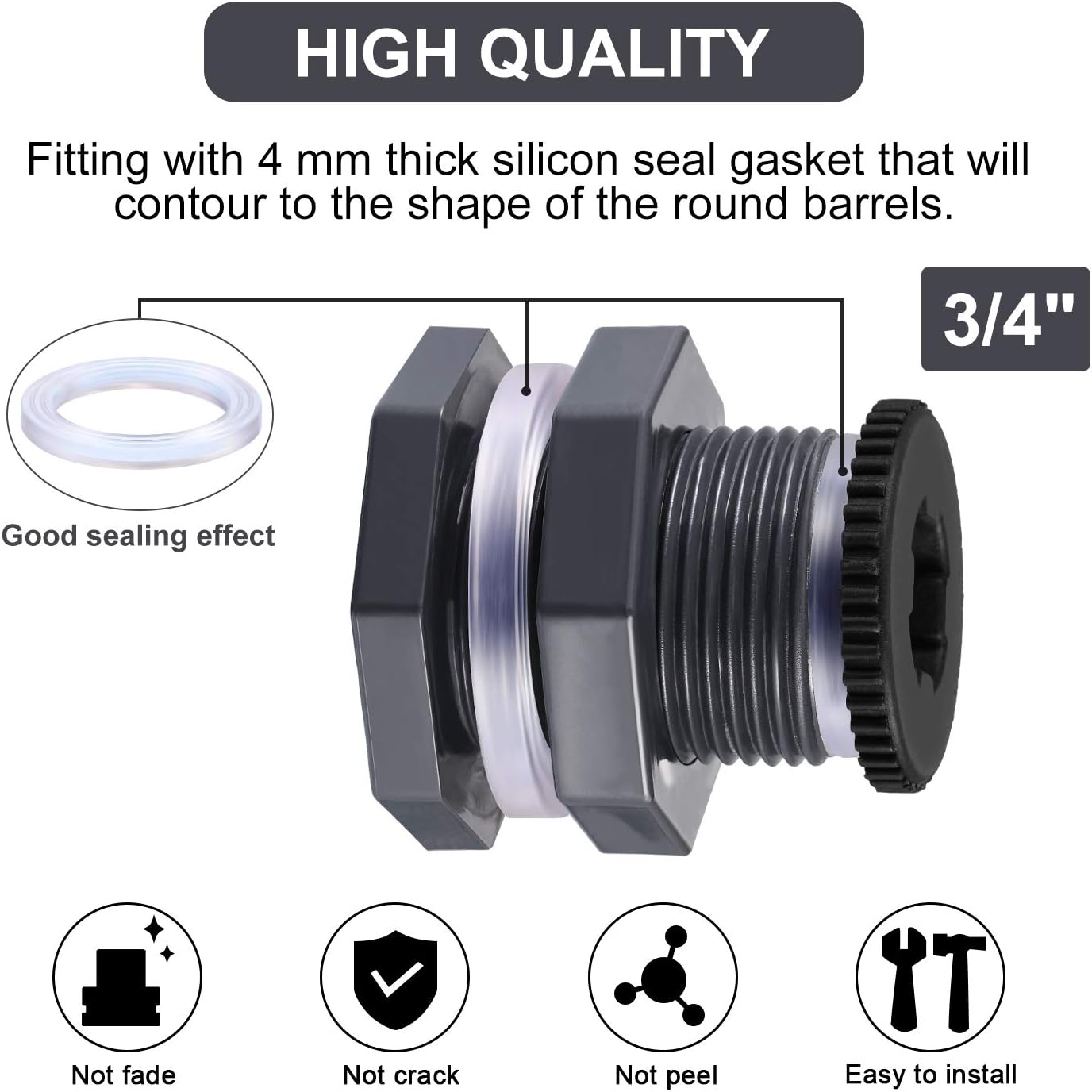 Outus 2pcs 3/4 Inch PVC Bulkhead Fitting with Plug, Silicon Seal Gasket