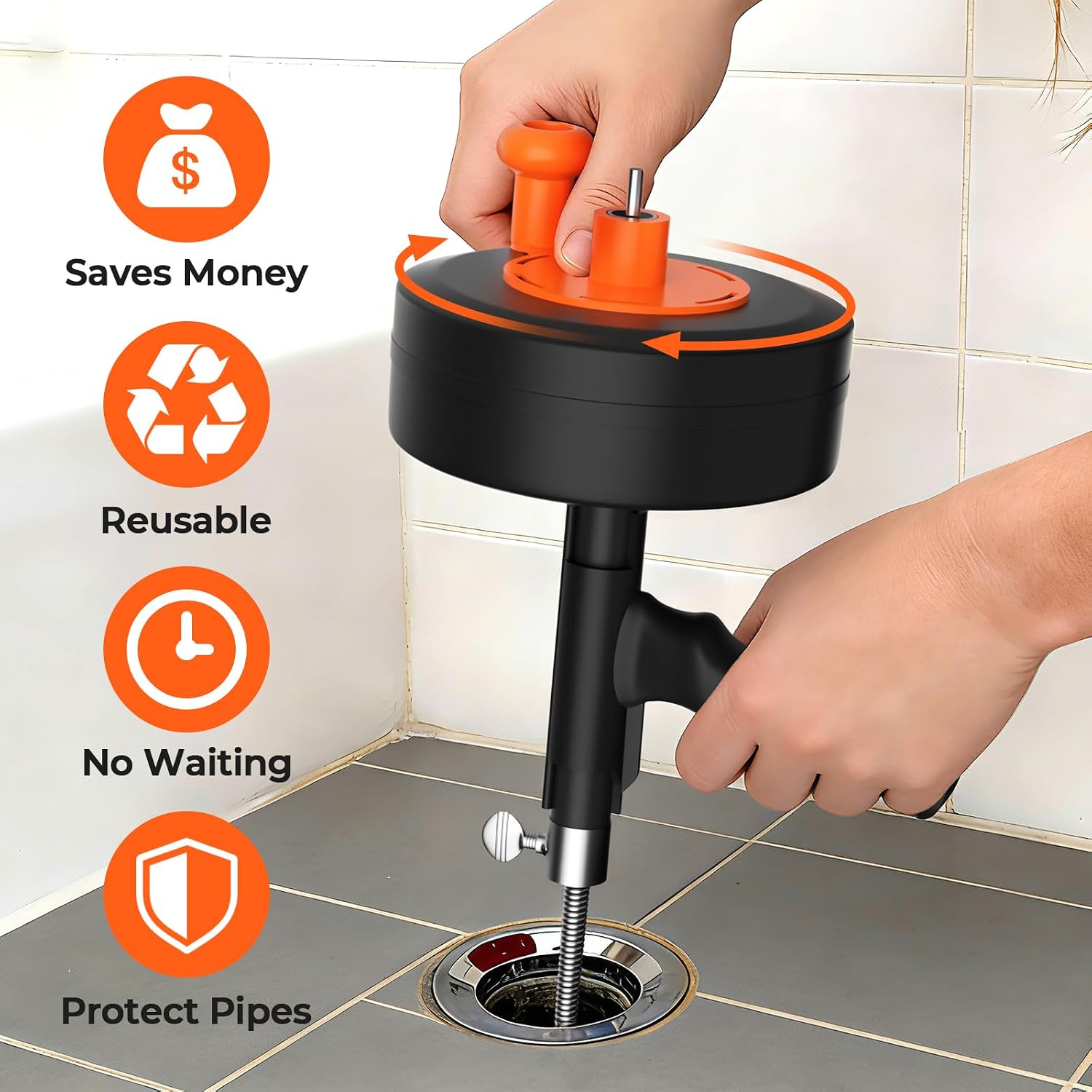 25ft Drain Auger Heavy Duty, Professional Plumbing Snake with Drill Adapter, Manual & Powered Clog Remover for Kitchen, Bathroom, Shower Sink & Bathtub, Flexible Pipe Snake Cleaner with Gloves