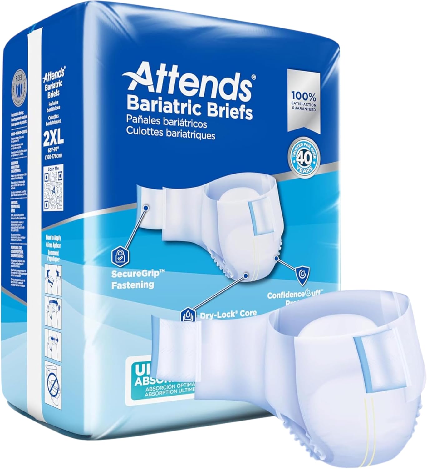 Attends Bariatric Incontinence Disposable Briefs, XX-Large, 63"-70" Waist with Tab Closures, Ultimate Absorbency, Dry-Lock Containment Core and ConfidenceCuff Leakage Protection, 2XL 48ct Case