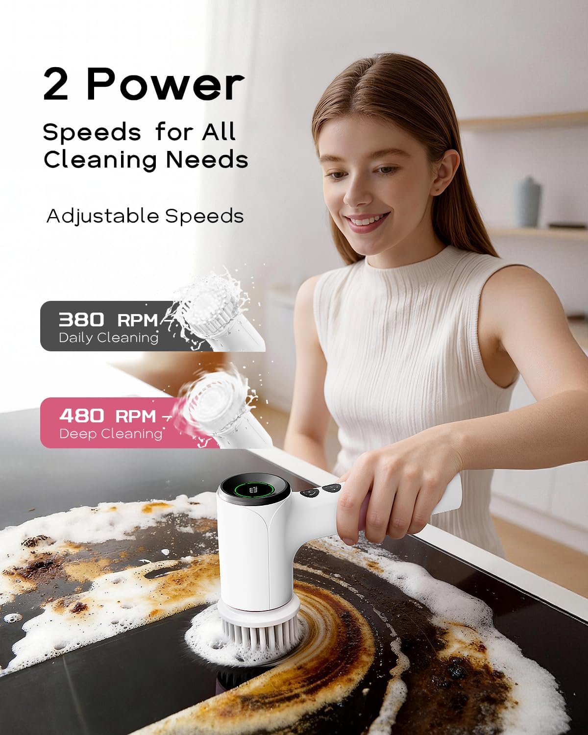 PUFTEM Shower Scrubber, Electric Spin Scrubber for Bathroom Cleaning – Cordless Shower Cleaner Brush with 6 Brush Heads, Dual-Direction Rotation