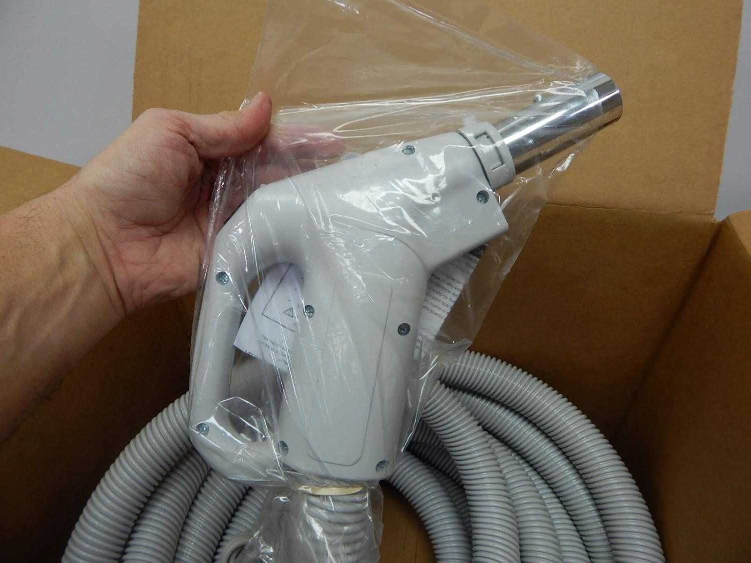 35ft Electric Hose, Plastic, Central Vacuum Hose, Grey/Silver, 1.5" Wall End Cuff, 8ft Pigtail, 7.29lbs