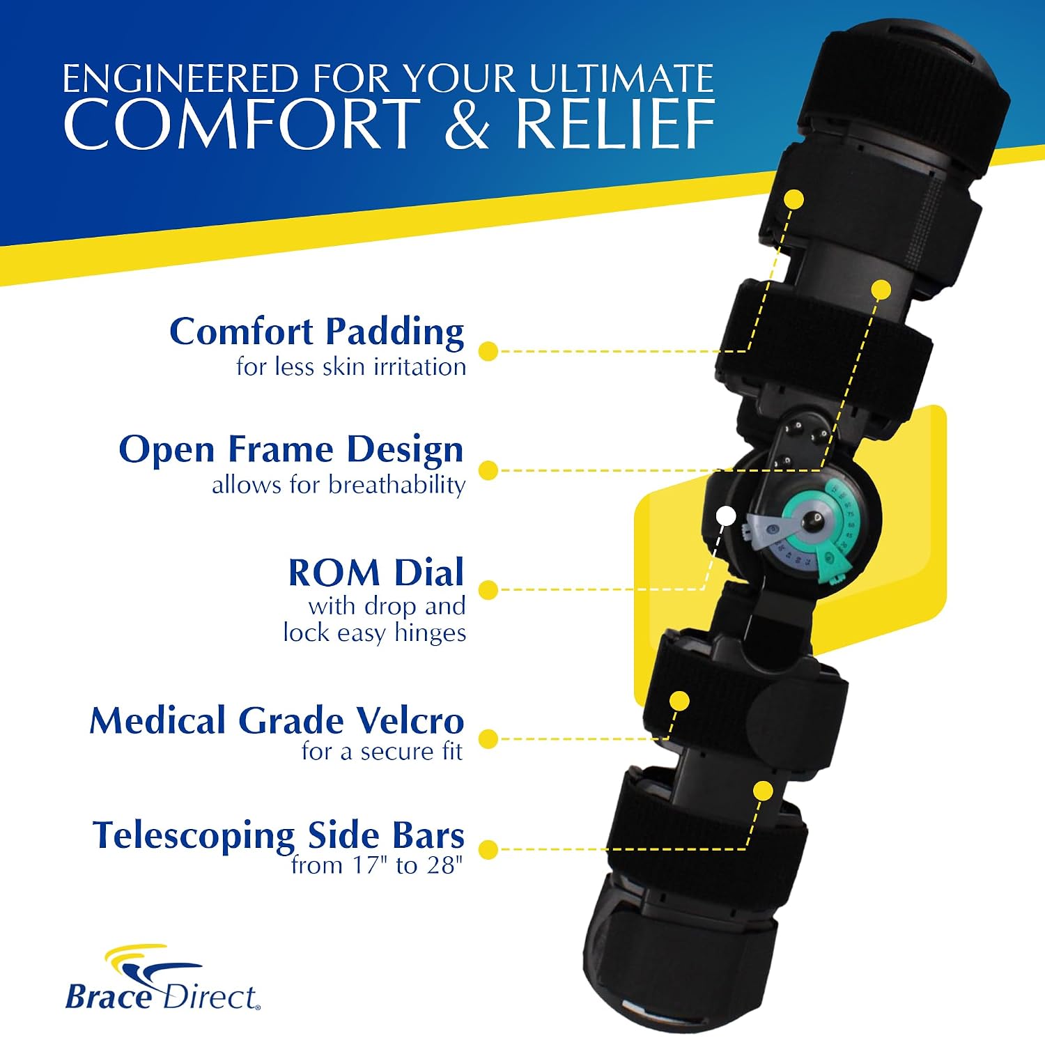 Brace Direct Post Op ROM Telescoping Hinged Knee Brace, ACL & MCL Recovery | Hinged full-leg brace & immobilizer that aids PCL