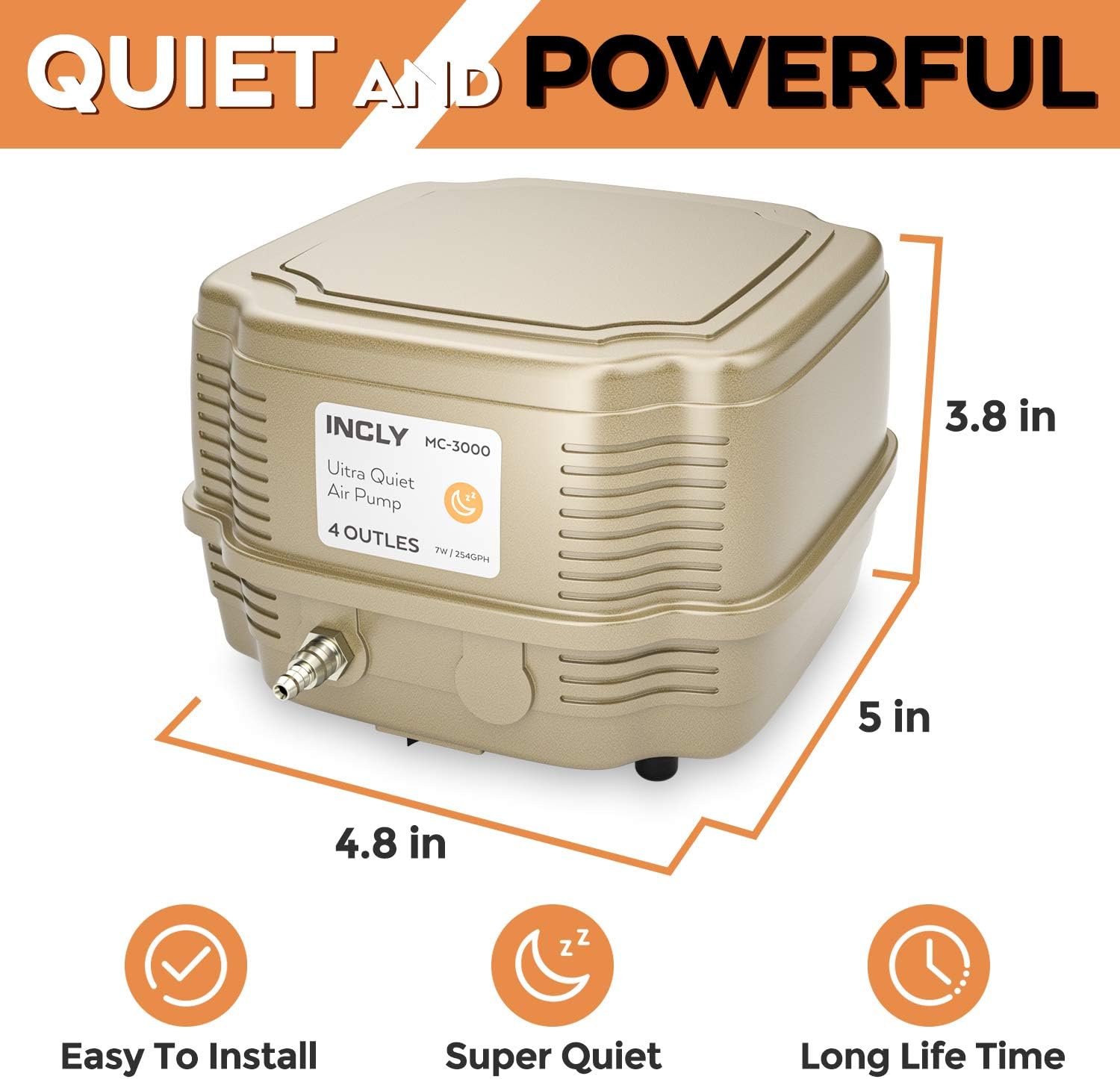 INCLY 7W Ultra Silent Aquarium Air Pump - 245 Gallon/Hr, 4 Adjustable Outlets - Commercial & Hydroponics Oxygen Bubbler for Fish Tank & Pond