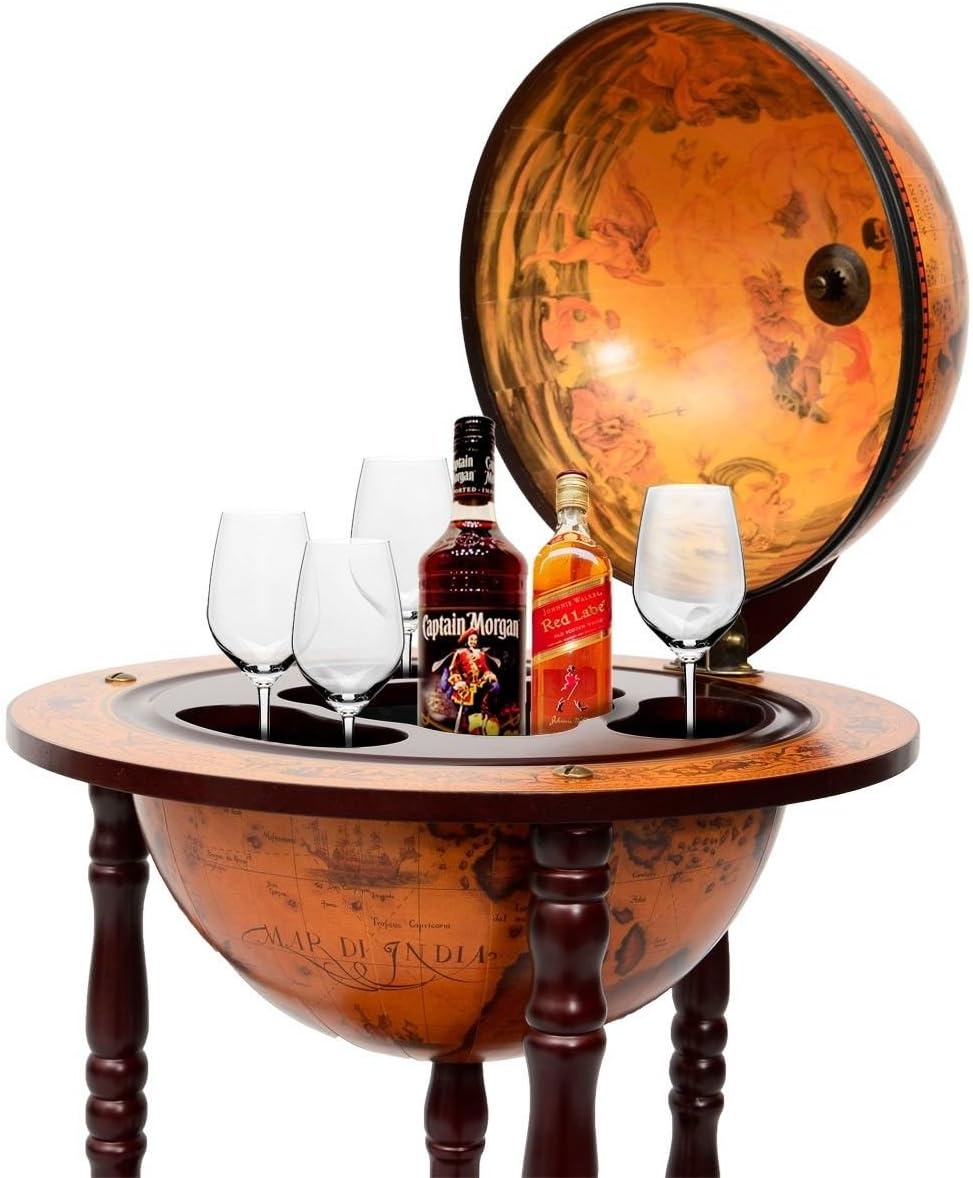 LUARANE 17” Wooden Wine Bar Stand Cart, Movable 16th Century Italian Replica Liquor Bottle Shelf Cabinet w/ Bottom Shelf & Wheels