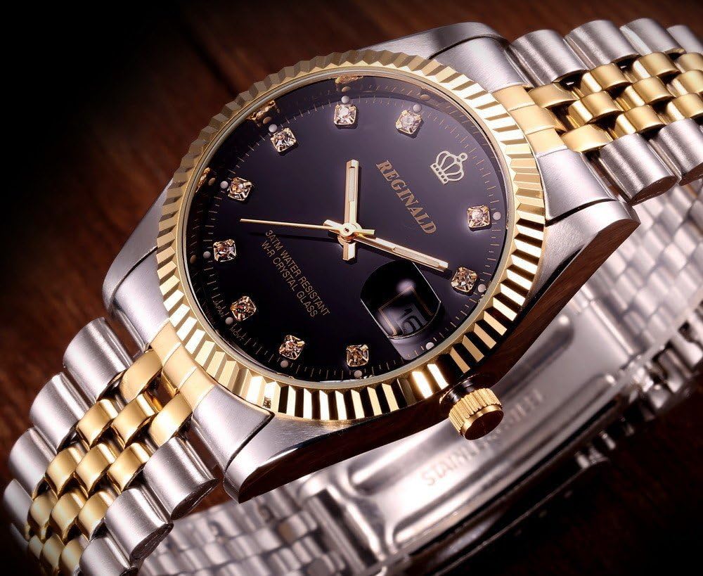 FANMIS Luxury Unisex Gold Crystal Quartz Calendar Gold Silver Two Tone Stainless Steel Watch