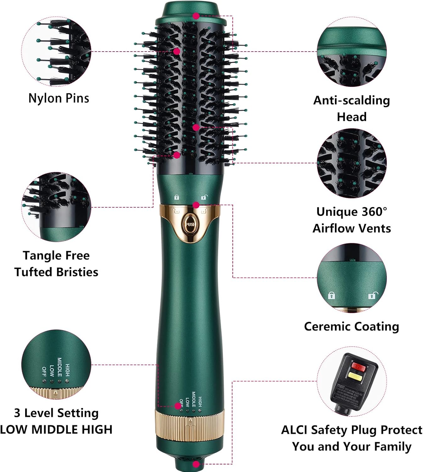 3 in 1 Hair Dryer and Volumizer, Ceramic Negative Ion Curling Dryer Styler with 3 Interchangeable Brush Heads, Green