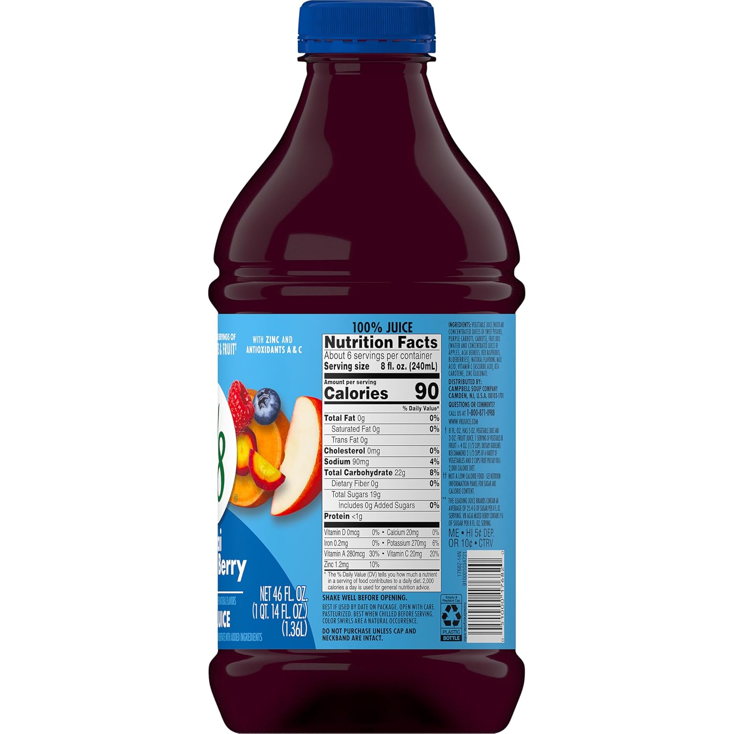 V8 Blends 100% Juice Pomegranate Blueberry Juice, Fruit and Vegetable Juice Blend, 46 Fl Oz Bottle