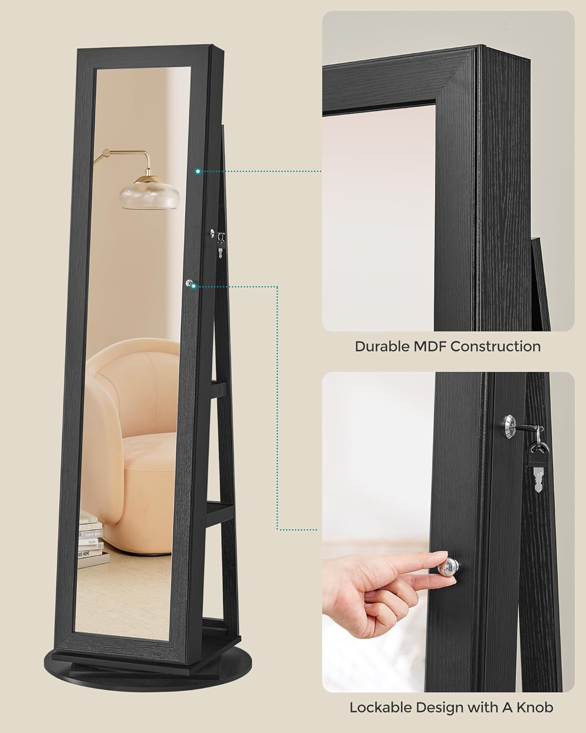 SONGMICS 360° Swivel Jewelry Cabinet, Full-Length Mirror, Lockable