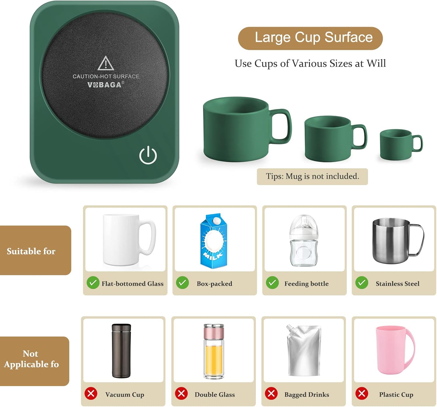 VOBAGA Coffee Mug Warmer for Desk with Auto Shut Off & 3-Temp Settings, Coffee Cup Warmer with Smart Safety Alert Home Office Accessory