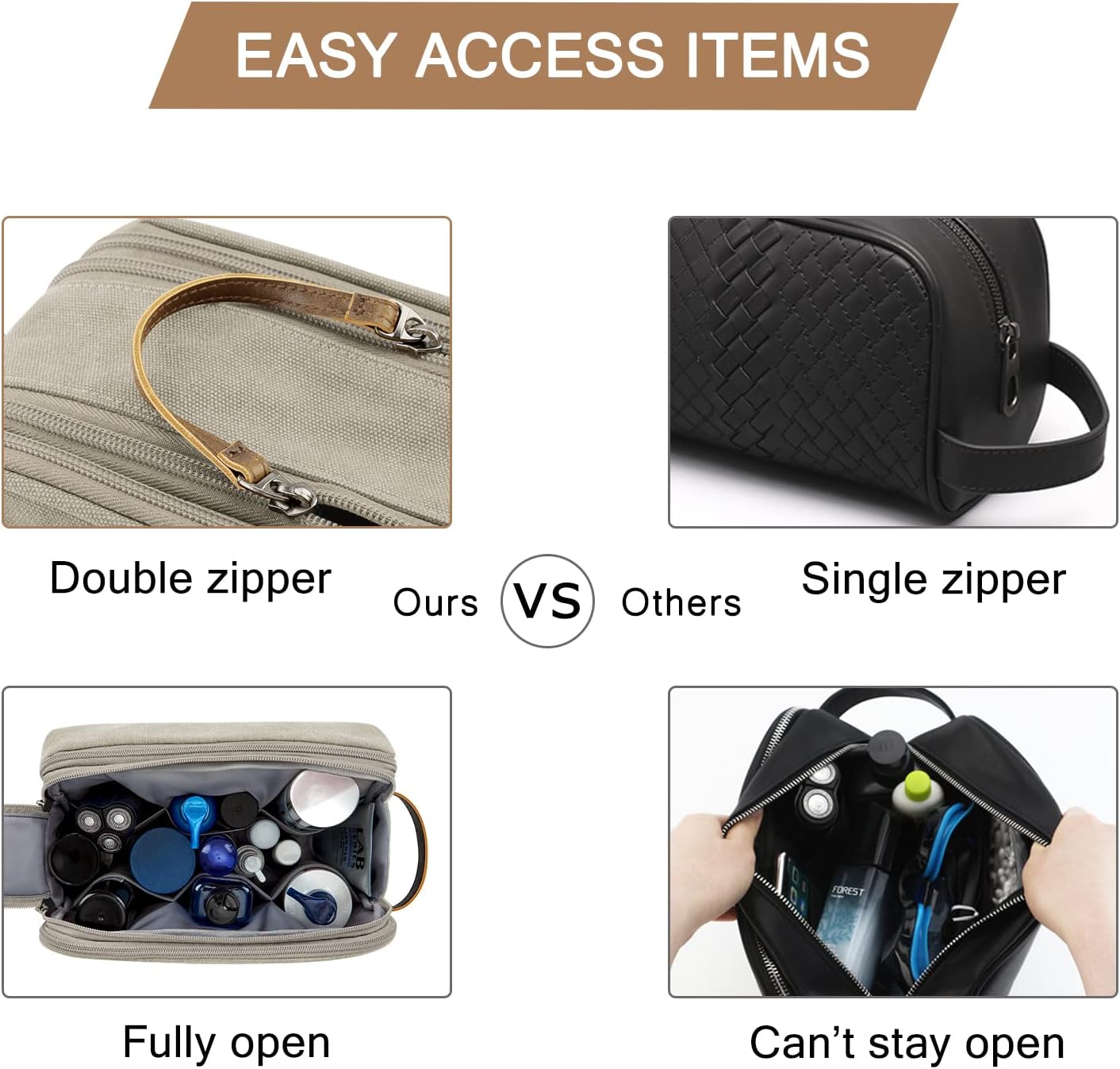 BAGSMART Toiletry Bag for Men, Canvas Travel Toiletry Organizer Dopp Kit Water-resistant Shaving Bag for Toiletries Accessories,Grey-Medium
