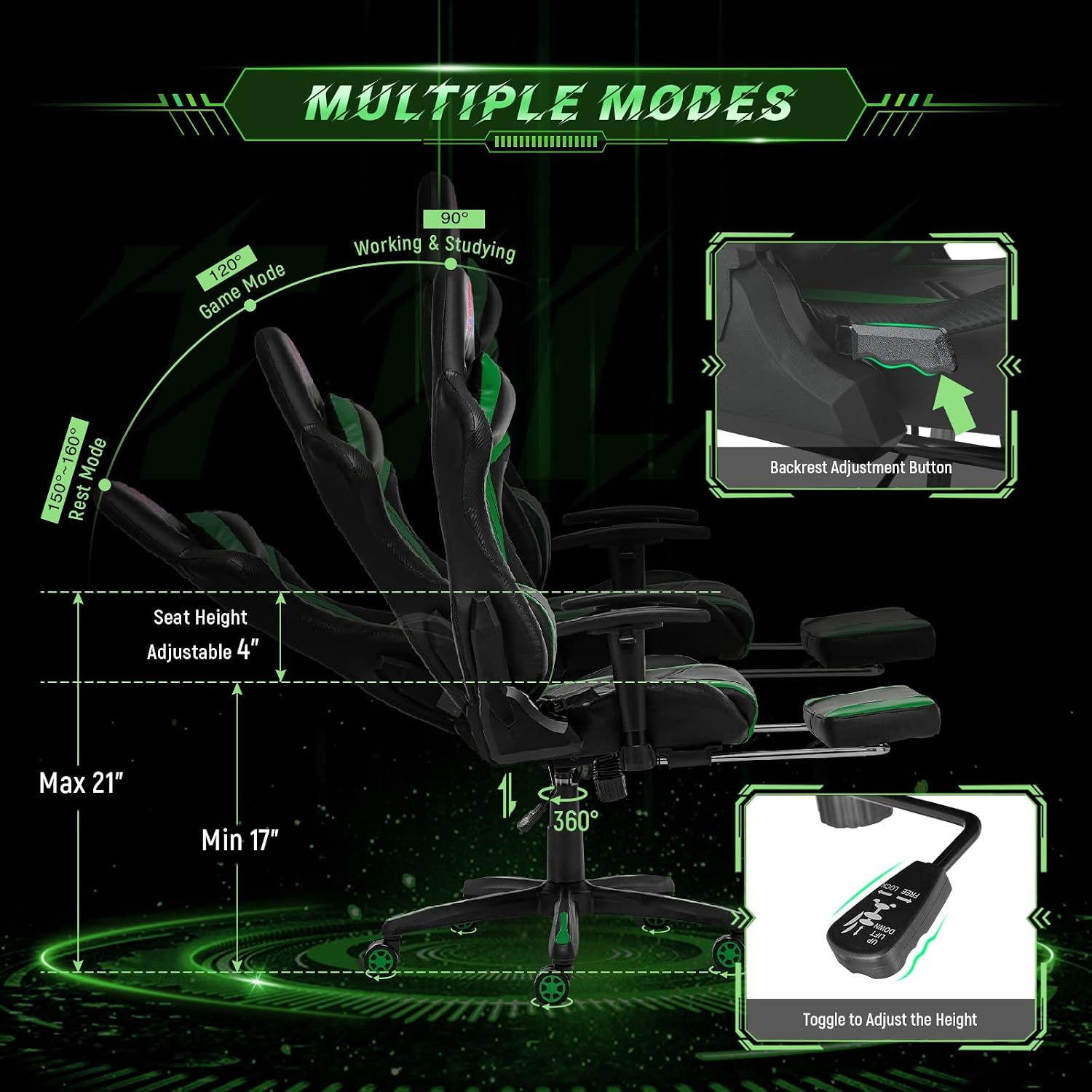 AA Products Gaming Chair Ergonomic High Back Computer Racing Chair Adjustable Office Chair with Footrest, Lumbar Support Swivel Chair - Black