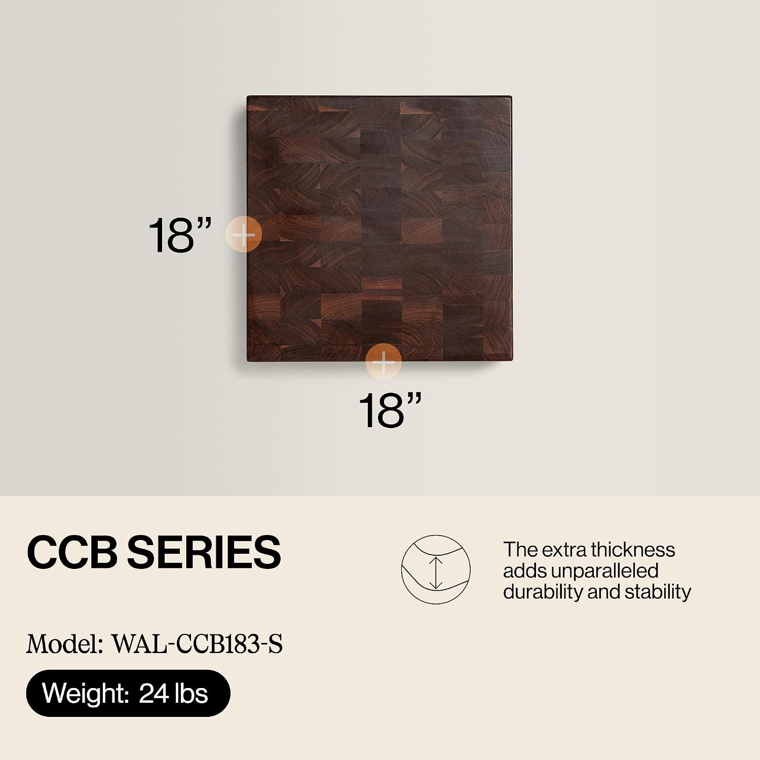 John Boos CCB Series Square Wooden Maple Cutting Board 12”x12” – 3” Thick, 13-lb Reversible Butcher Block with End-Grain & Finger Grips – Made in the USA
