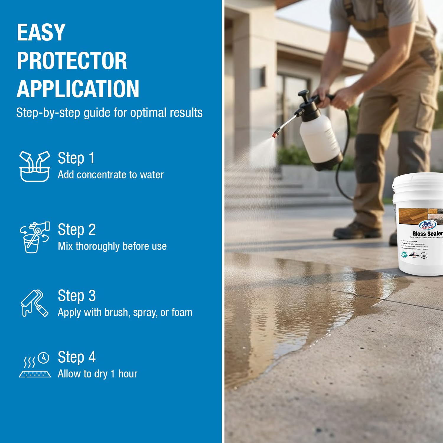 Rainguard Clear Gloss Sealer, Wet Look Water Based Silicone Acrylic Waterproofer for Concrete, Wood, Brick, Stone & Masonry Surfaces, Ready to Use, 1 Gallon | Water Based Silicone Acrylic For Wood, Brick, Stone & Masonry Surfaces, Ready To Use For Pavers…