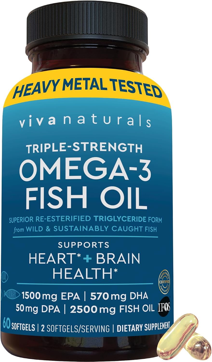Viva Naturals Triple Strength Omega 3 Fish Oil Pills – 2500 mg High-Potency Formula with 2250 mg Omega 3 Fatty Acids (Including EPA, DHA, DPA) in rTG Form for Absorption – IFOS Certified, 90 Softgels