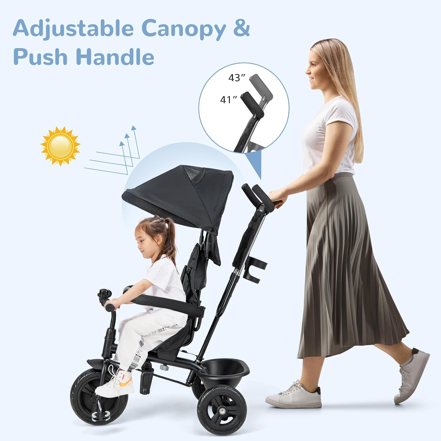INFANS Kids Tricycle, 6 in 1 Stroll Trike with Adjustable Push Handle, Removable Canopy, Retractable Foot Plate, Lockable Pedal, Detachable Guardrail, Suitable for 10 Months to 5 Years (Blue)