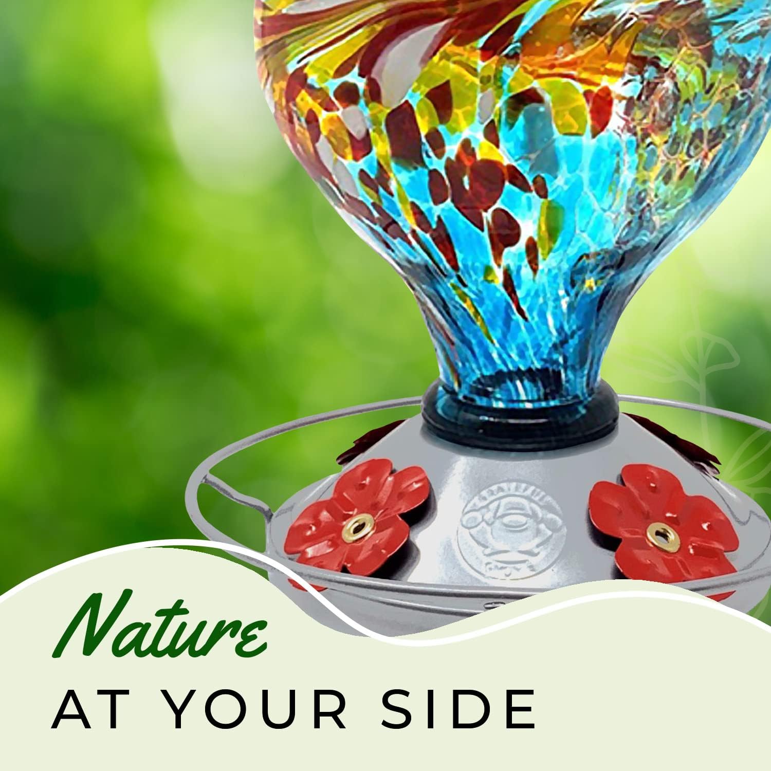 Hummingbird Feeder by Grateful Gnome - Large Hand Blown Stained Glass Feeder for Garden, Patio, Outdoors, Window with Accessories S-Hook, Ant Moat