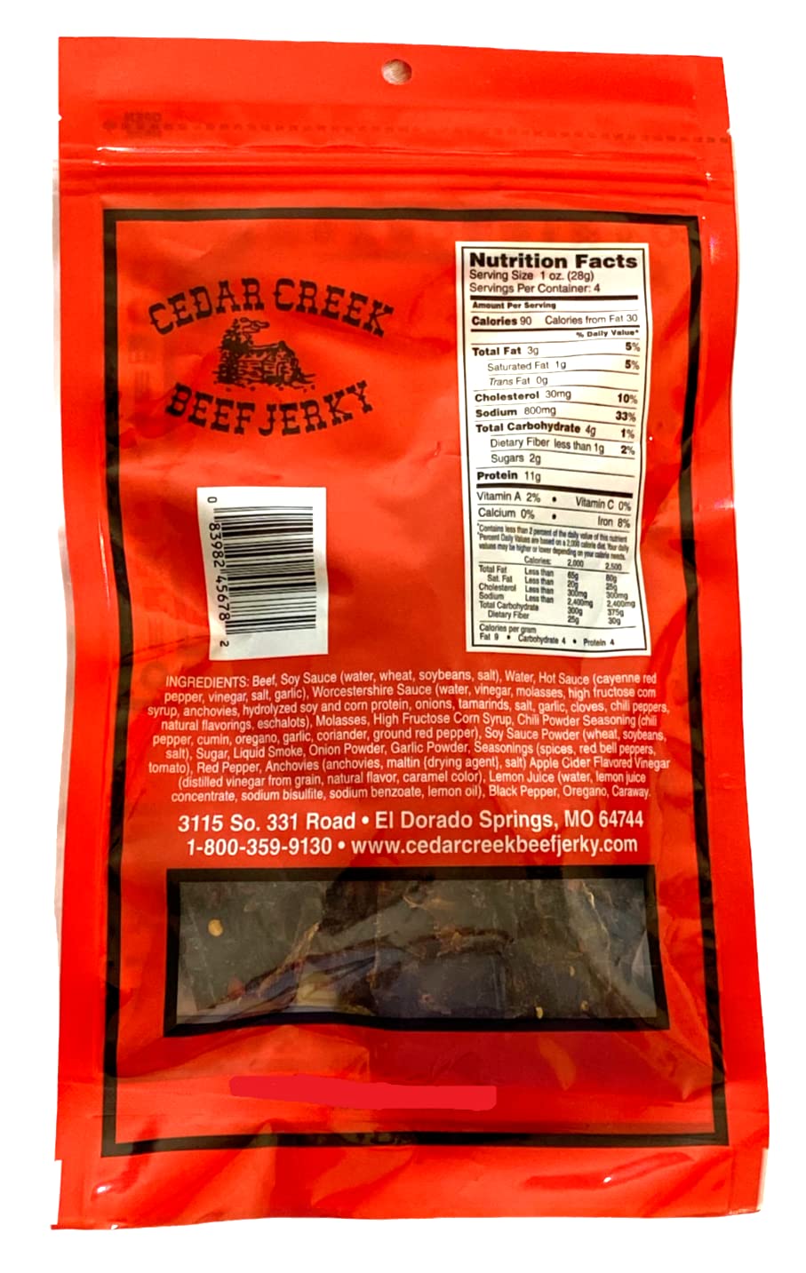 Cedar Creek | Air-Dried Thinly Sliced | 4oz pack | No Artificial Preservatives | Grass Grain Fed Beef | Clean Healthy Snack (Hot)