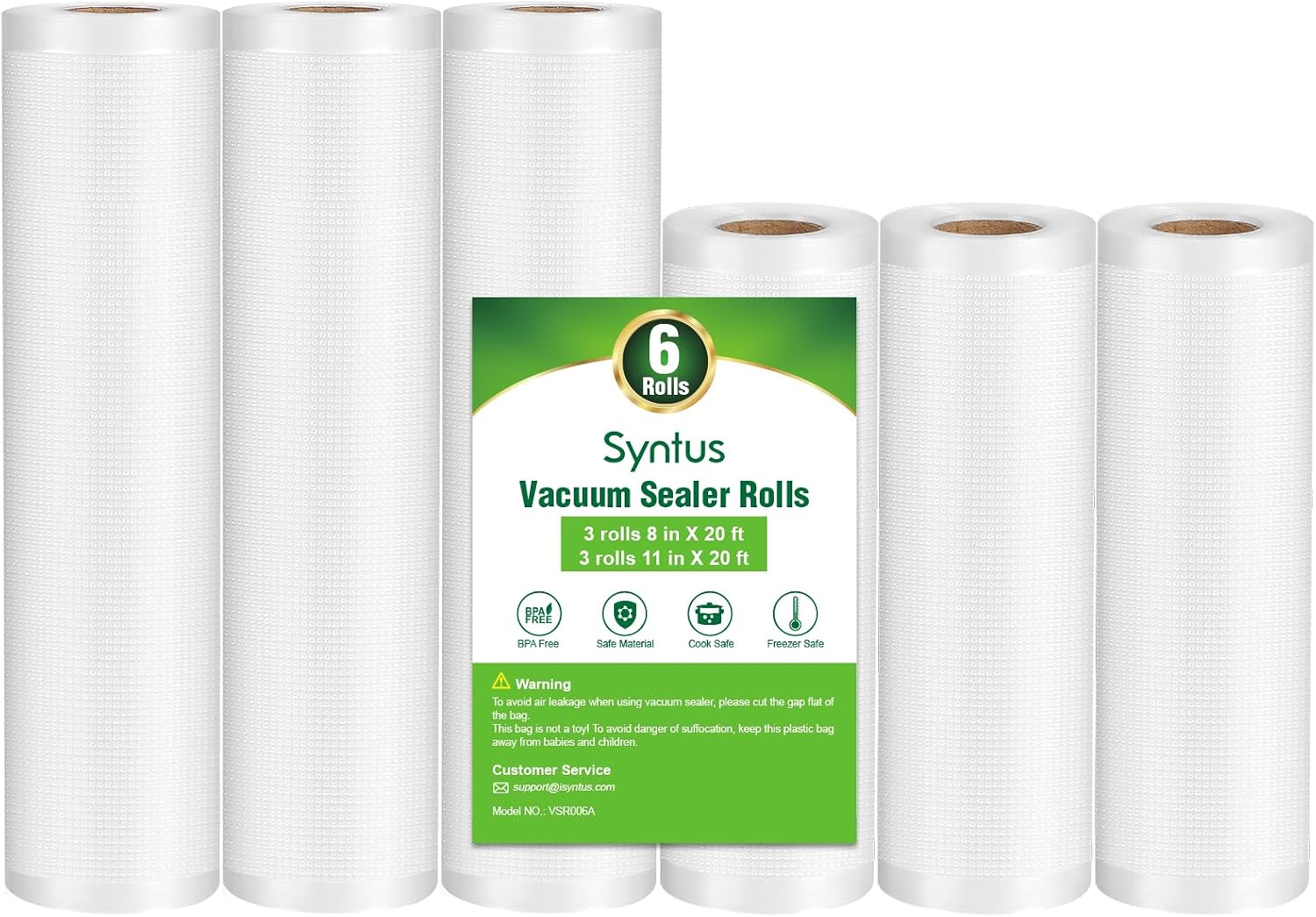 Syntus Vacuum Sealer Bags for Food, 3 Rolls 11" x 20' and 3 Rolls 8" x 20'