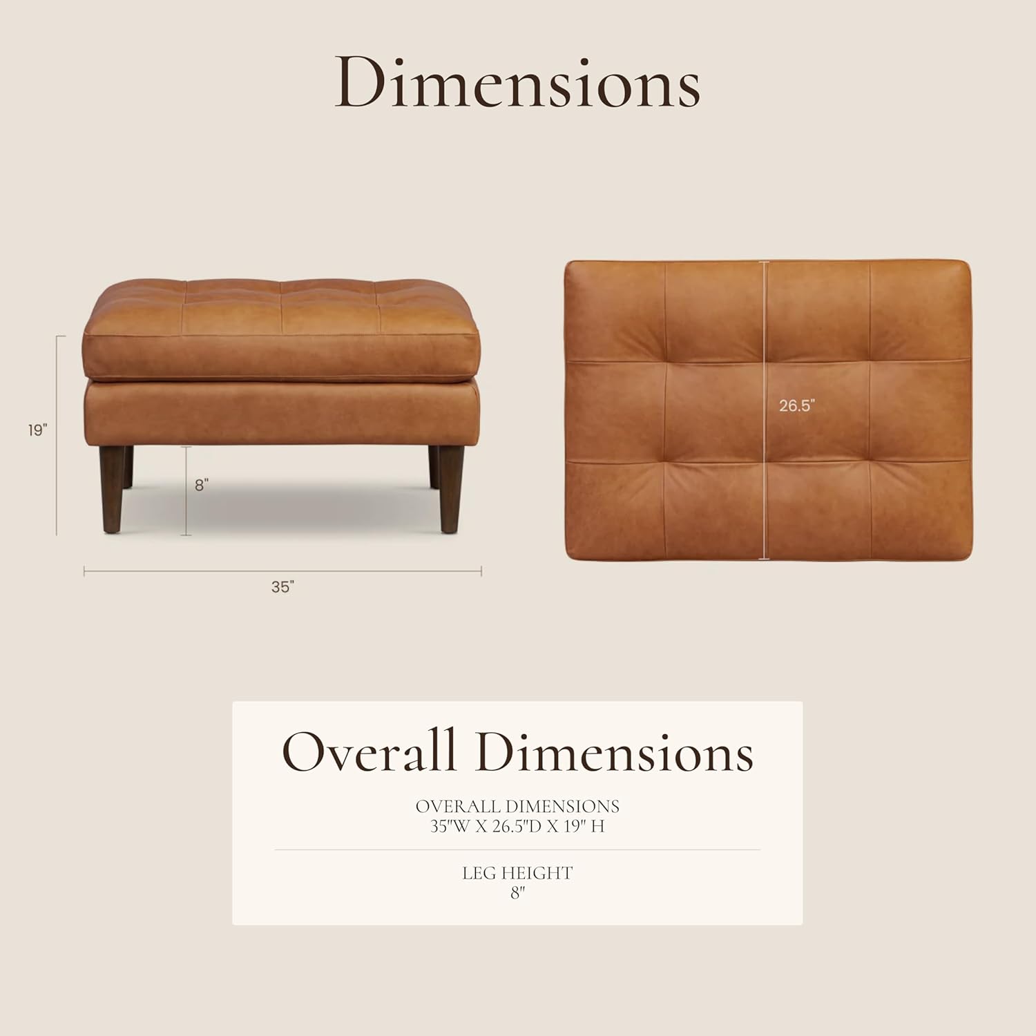 Poly & BARK 55" Tufted Leather Bed Bench for Bedroom End of Bed - Living Room Entry Way Bench - Pure Italian Leather Upholstery with a Solid Wood Frame - Ottoman Bench with Wooden Legs - Cognac Tan