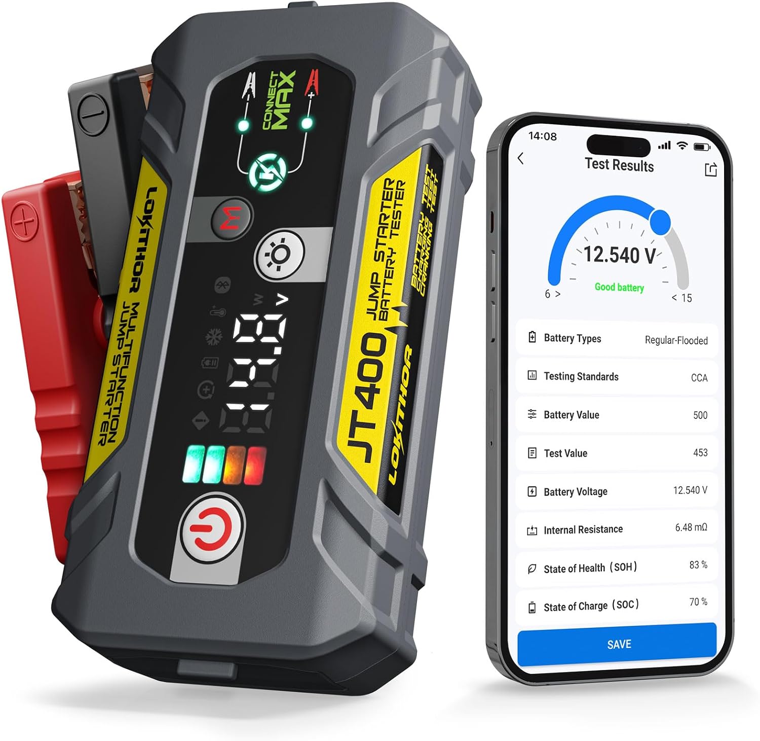 LOKITHOR JT400 2500A Portable Jump Starter with 100–2000 CCA Battery Tester, 12V Car Battery Jump Starter for Up to 8.5L Gas or 6.5L Diesel Engines, Smart Bluetooth Automotive Battery Load Tester