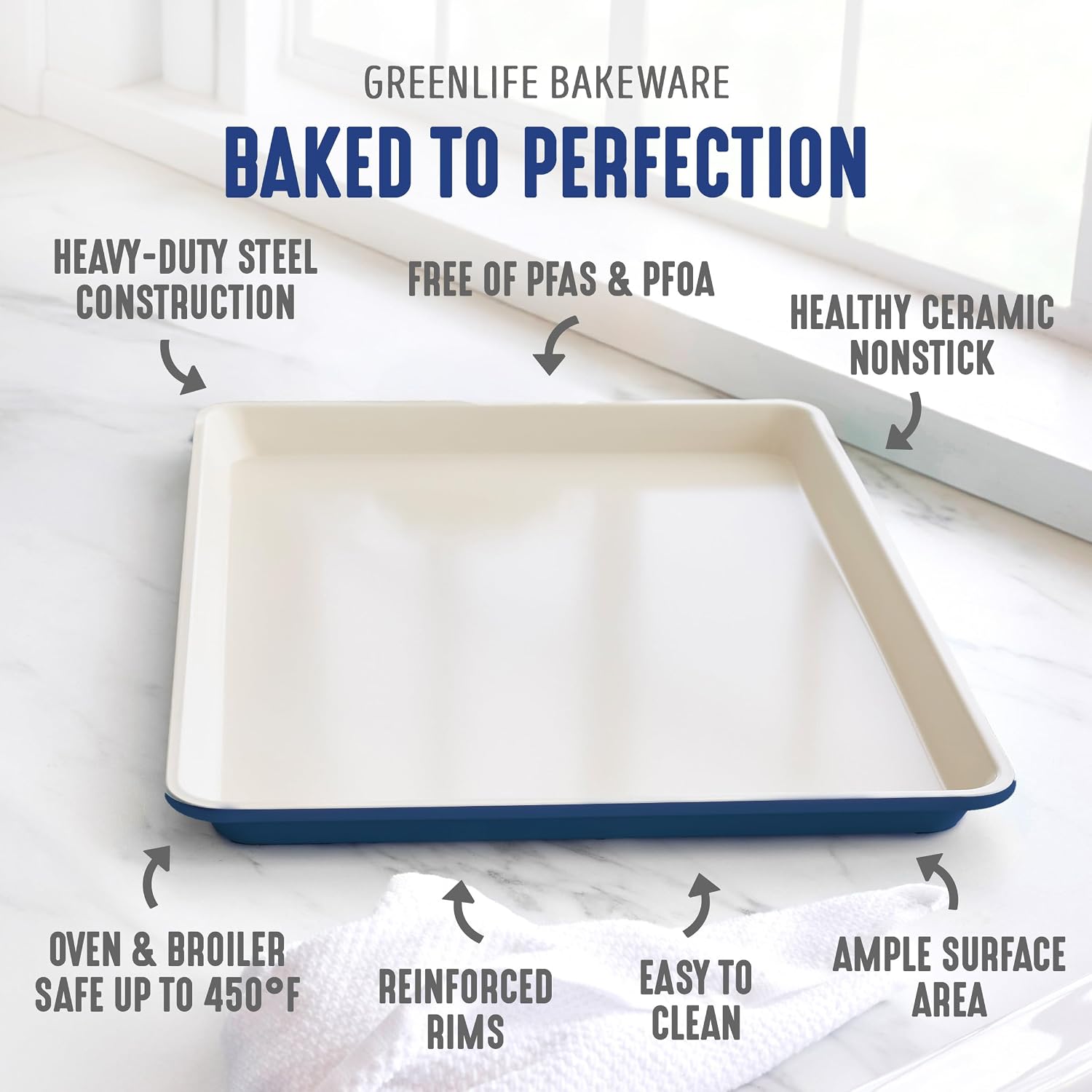 GreenLife 13" x 9" Quarter Sheet Baking Pans, 2 Piece Bakeware Set, PFAS-Free Ceramic Nonstick Rectangular Cookie Trays, Oven Safe to 450°F